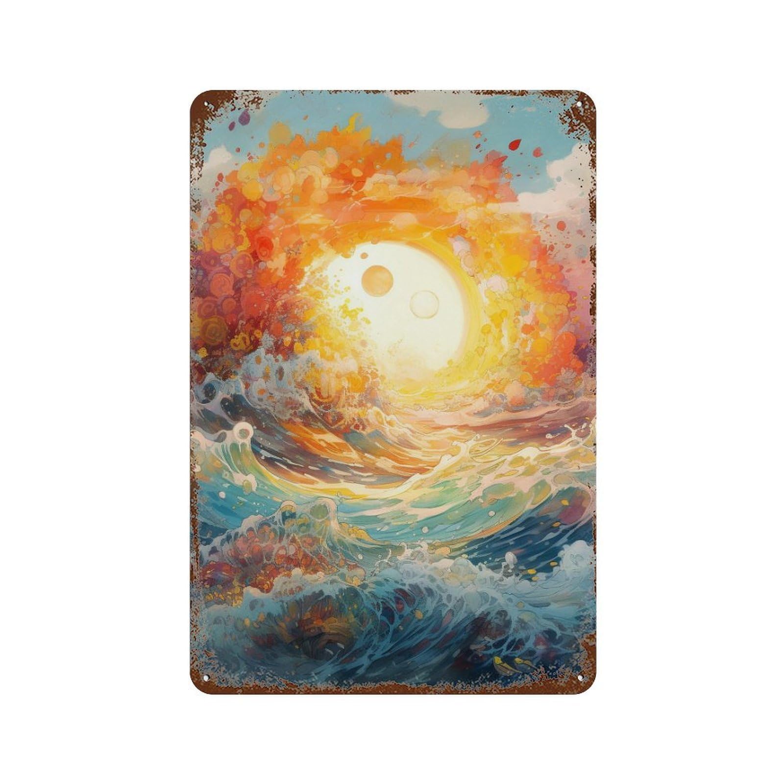 Garage Style Ocean Wave Sunset Painting Rust Effect Tin Sign 11.8"x7.9", Shabby Chic Decor for Bar And Workshop