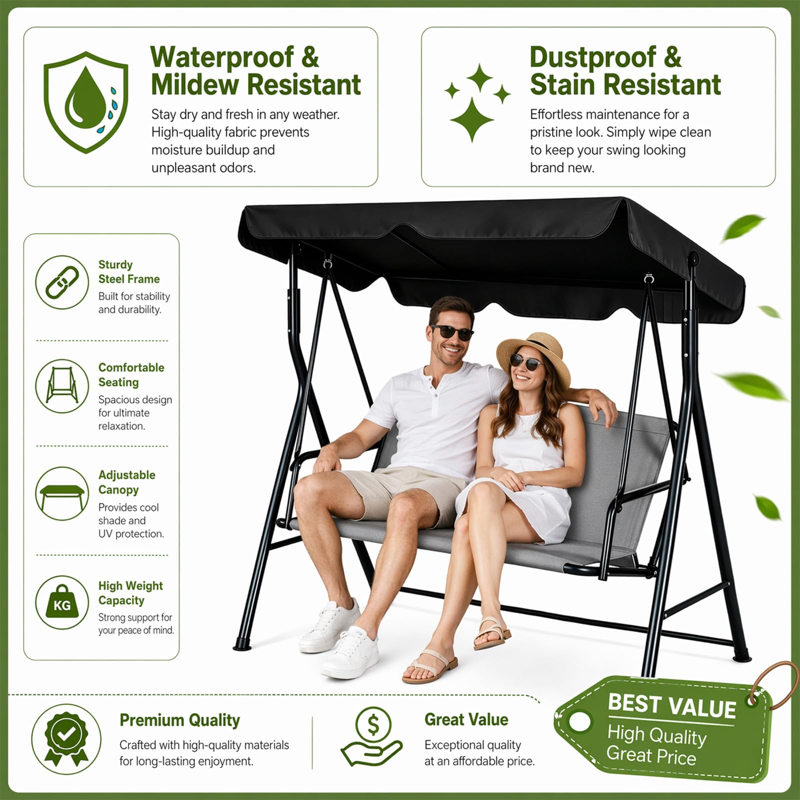Hollywoodschaukel Ersatzbezug Sitzbezug 900D Oxford Stoff Wasserdicht für 2 3 Sitzer Schaukelauflage Bezug Austauschbar Strapazierfähig für Garten Terrasse (Grau, 115 x 48 x 48 CM)