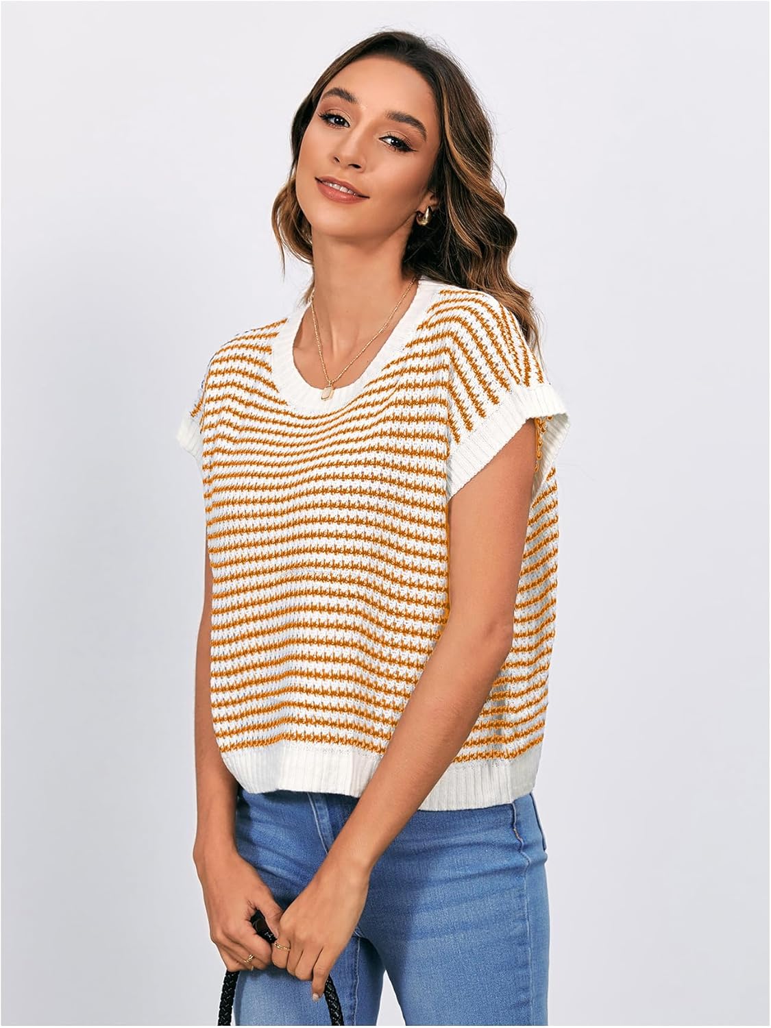 MakeMeChic Women's Striped Knit Vest Tops Short Sleeve Sweater Vest Tank Top - Image 4