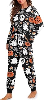 Women Halloween Pajamas Set Round Neck Pj 2 Piece Lounge Sets Pajama with Pockets Long Sleeve Outfits Soft Sleepwear