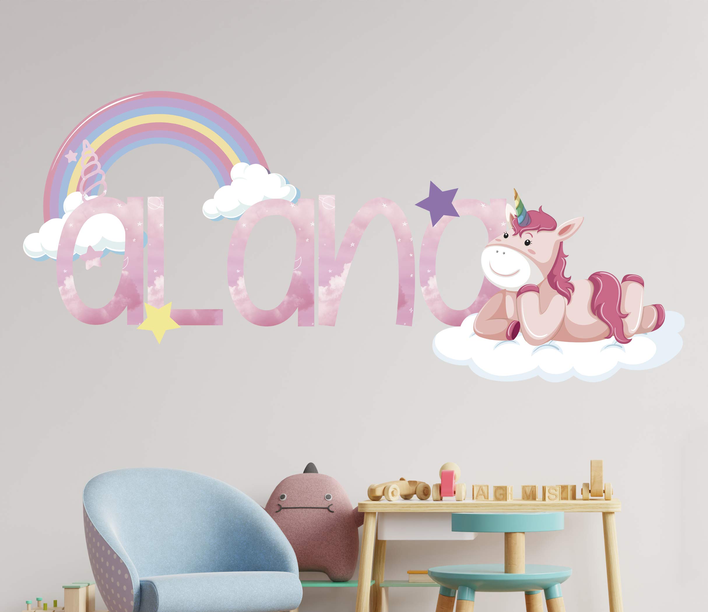 Unicornio en las Nubes Calcomania de pared - Personaliza tu pegatina- Vinilos para cuartos - Adornos para cuarto de niños – Murales Nombre Personalizados - KA515 (Mediano: 97cm x 36cm)