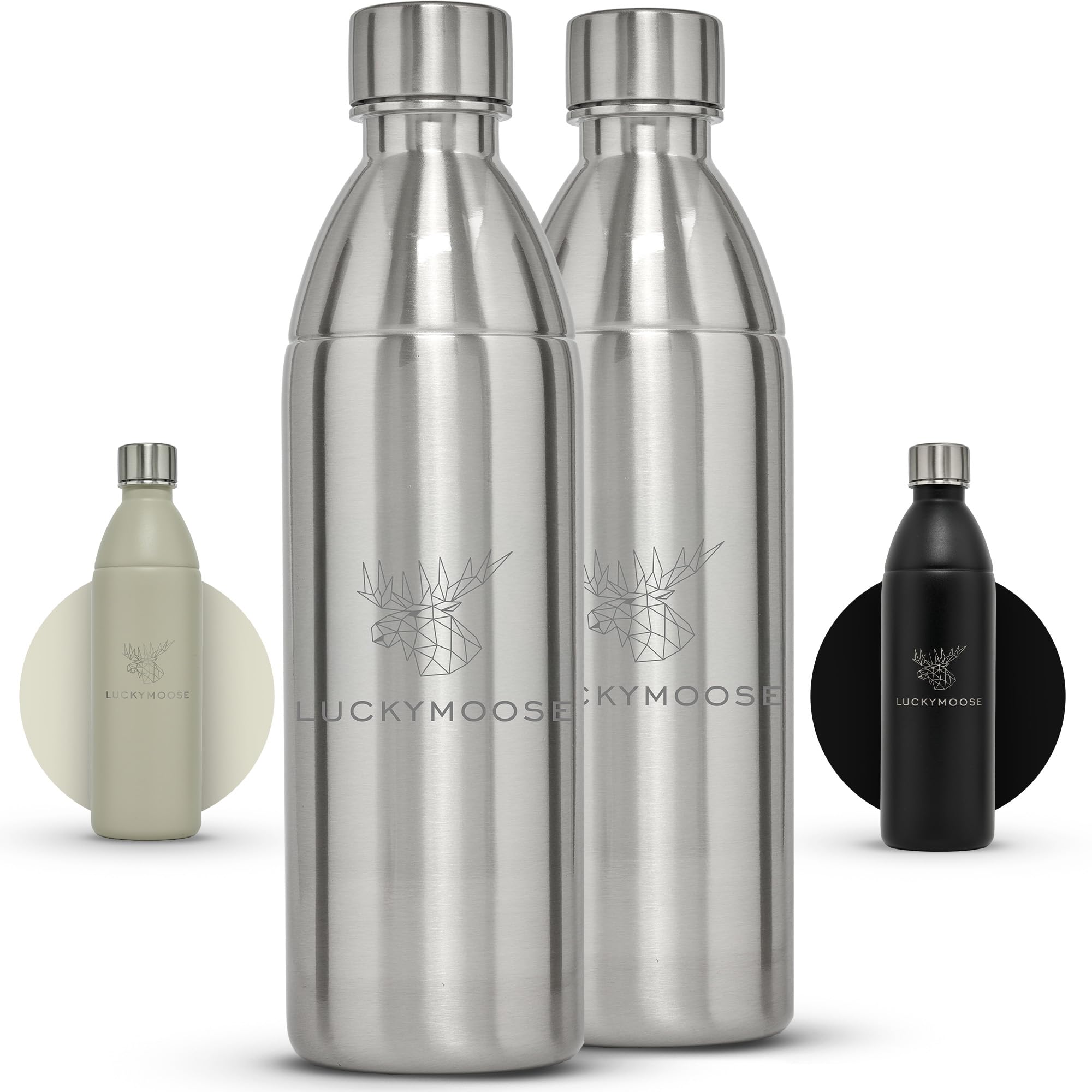 Luckymoose Infinity Butelka ze Stali Nierdzewnej (2 x 1,1L) kompatybilna z SodaStream DUO i TERRA – Ekologiczna, Odporna na Stłuczenie, do Zmywarki – stal nierdzewna 304 zamiast plastiku