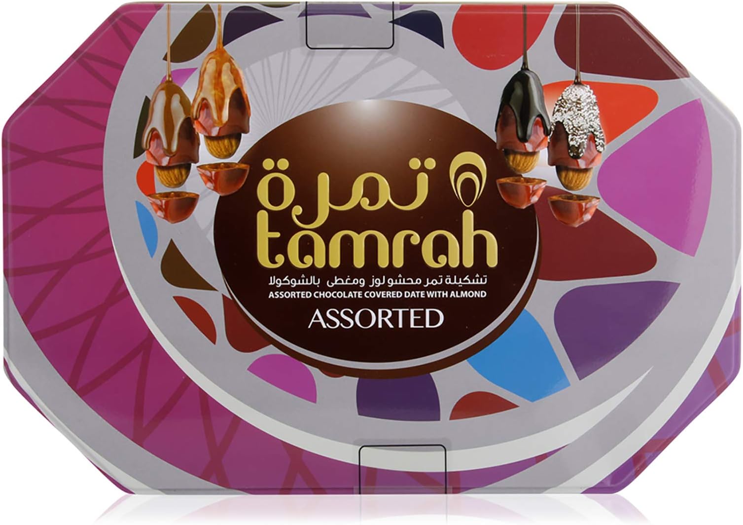 Tamrah Assorted Chocolate Tin Gift Box 700GM – A Delightful Mix of Caramel, Milk, Dark, and Coconut Chocolates with Dates and Almonds – Individually Wrapped, Perfect for Gifting, Kids Favourite