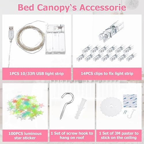 Miniatura 7 de Toldo de cama con luces, toldo de cama para niñas princesa con estrellas luminosas, cortinas de cama para cama de tamaño individual a King,