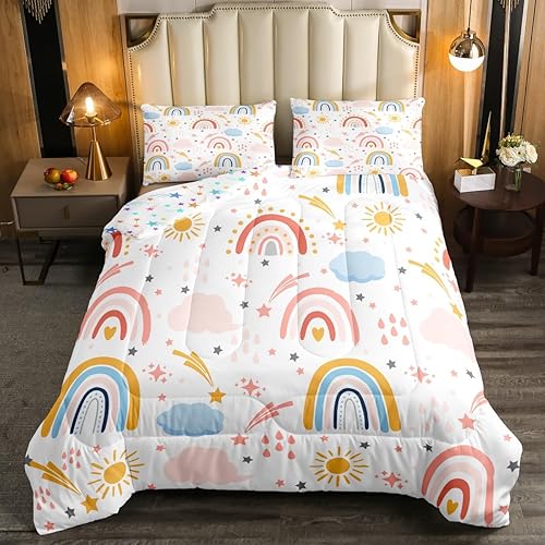 Miniatura 1 de Juego de edredón de arco iris para niños, tamaño individual, bonito juego de ropa de cama bohemio con arco iris para niñas, ultra suave, con sol y