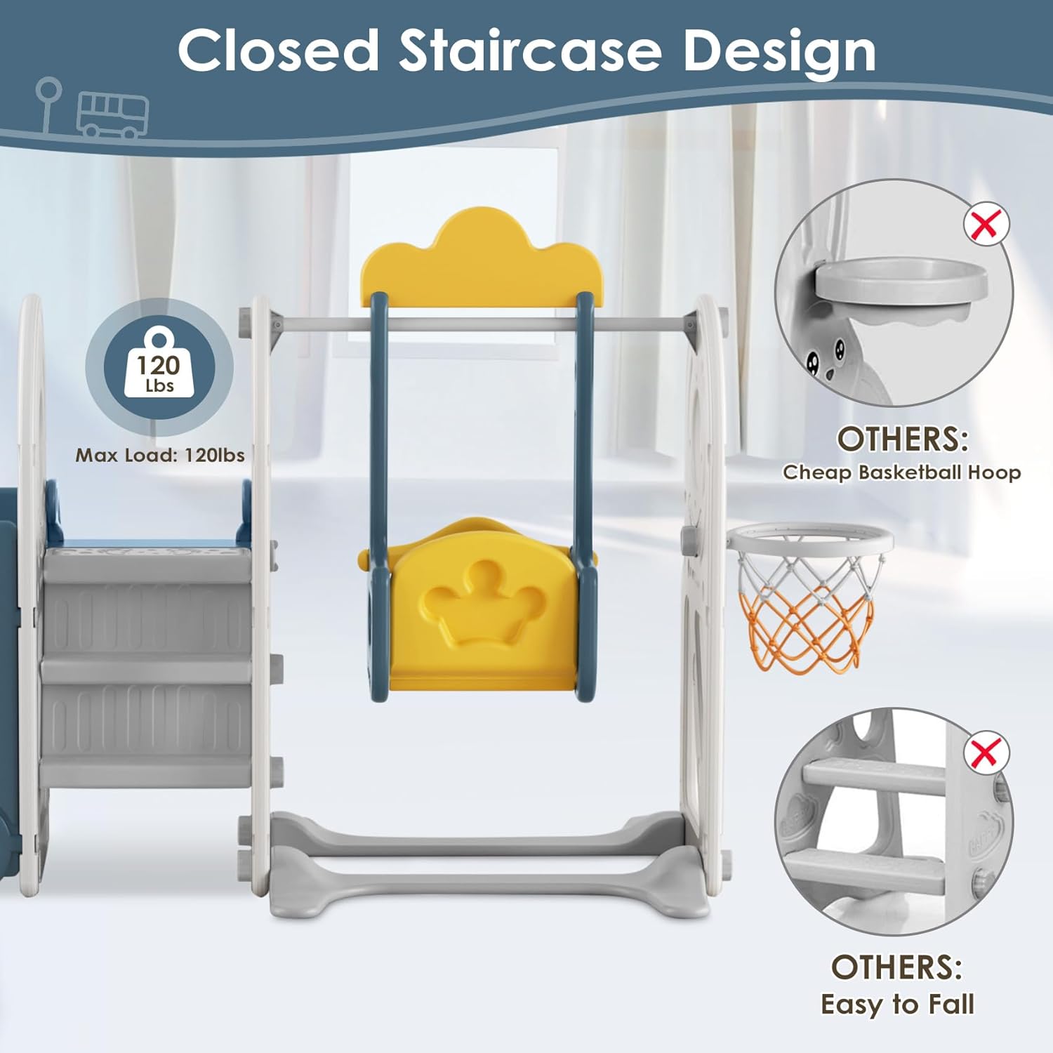 BIERUM Toddler Slide for Toddlers Age 1-3 with Basketball Hoop and Swing, Baby Slide for Kids Ideal Gift, Indoor Outdoor Backyard Playground Blue Yellow