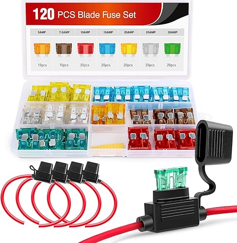 Nilight - 50030R 120 piezas Fusibles de cuchilla estándar 5A/7.5A/10A/15A/20A/25A/30A AMP Juego surtido con 5 paquetes de portafusibles en línea