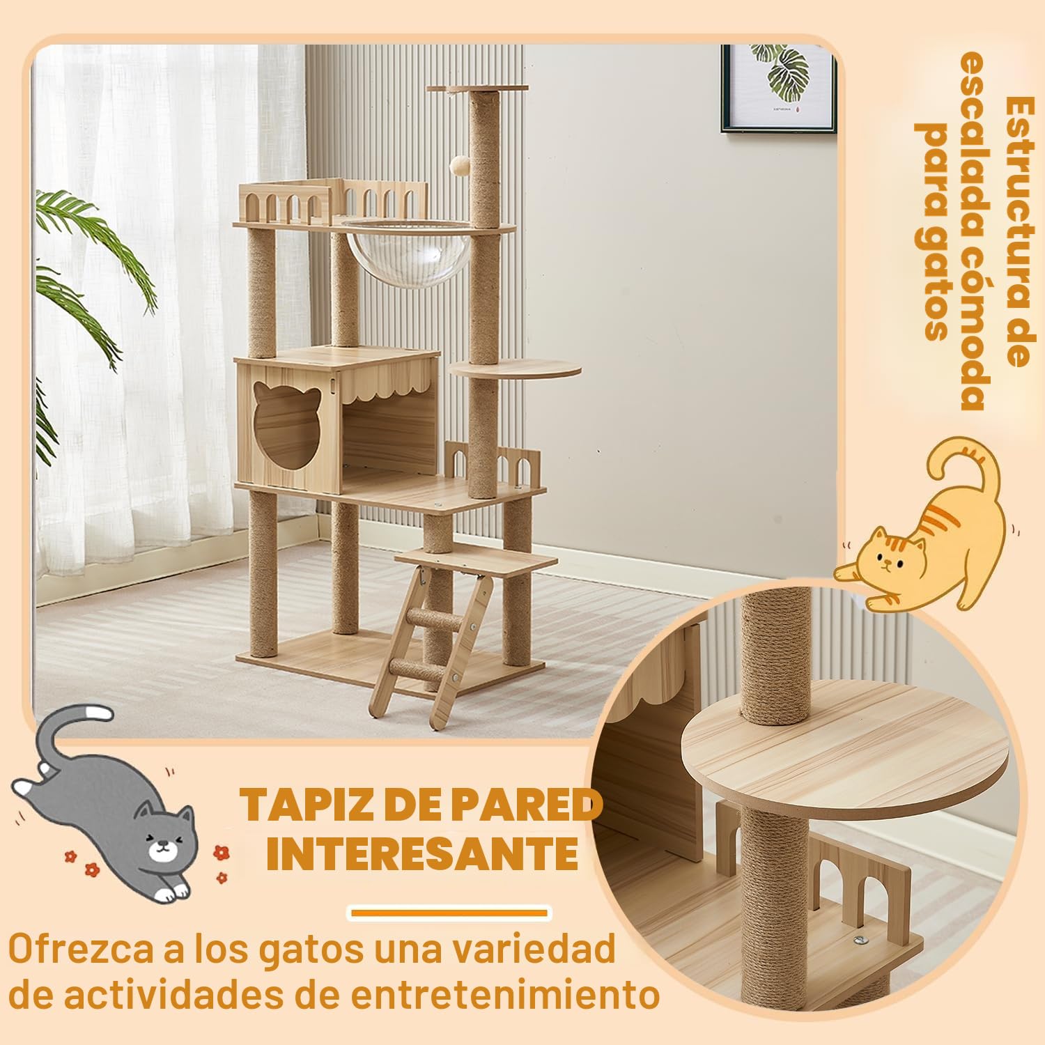 Rascador de Madera de 135 cm, Grande, Estable, Moderno, con condominio, Escalera, Cuenco, 9 Bolas de Juguete de sisal, rascador para Gatos Grandes (KT-022)