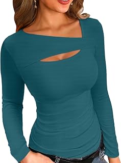 Womens Fashion Fall Clothes One Piece Cutout Tops Long Sleeve Ribbed Slim Fitted Shirts Tee Tshirts