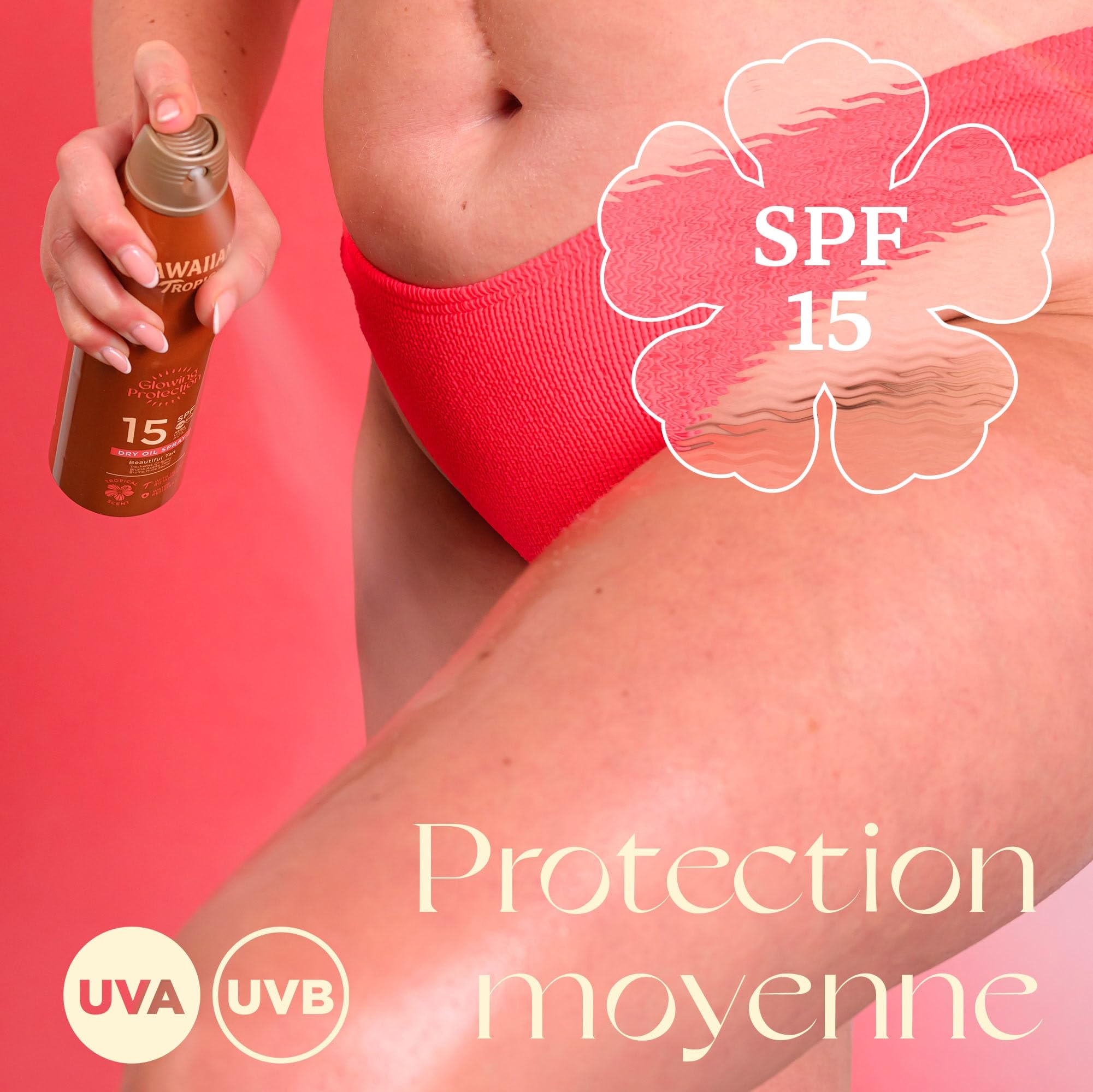 Hawaiian Tropic Brume huile sèche Glowing Protection, Résistante à l’eau, Protection SPF 15, UVA + UVB, Écran solaire en spray, Senteur tropicale, Huile solaire aux plantes des îles, 177 ml