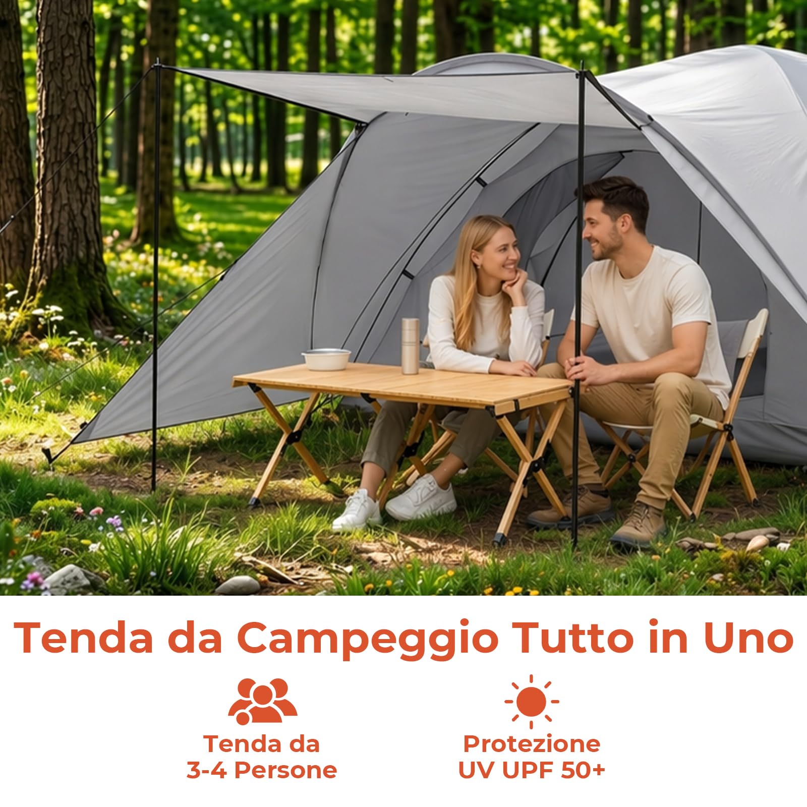 Tenda da campeggio per 2-3 persone, modello a cupola con zona d'ingresso e tettoia pieghevole, impermeabile e resistente ai raggi UV, ideale per il campeggio, i festival e le vacanze