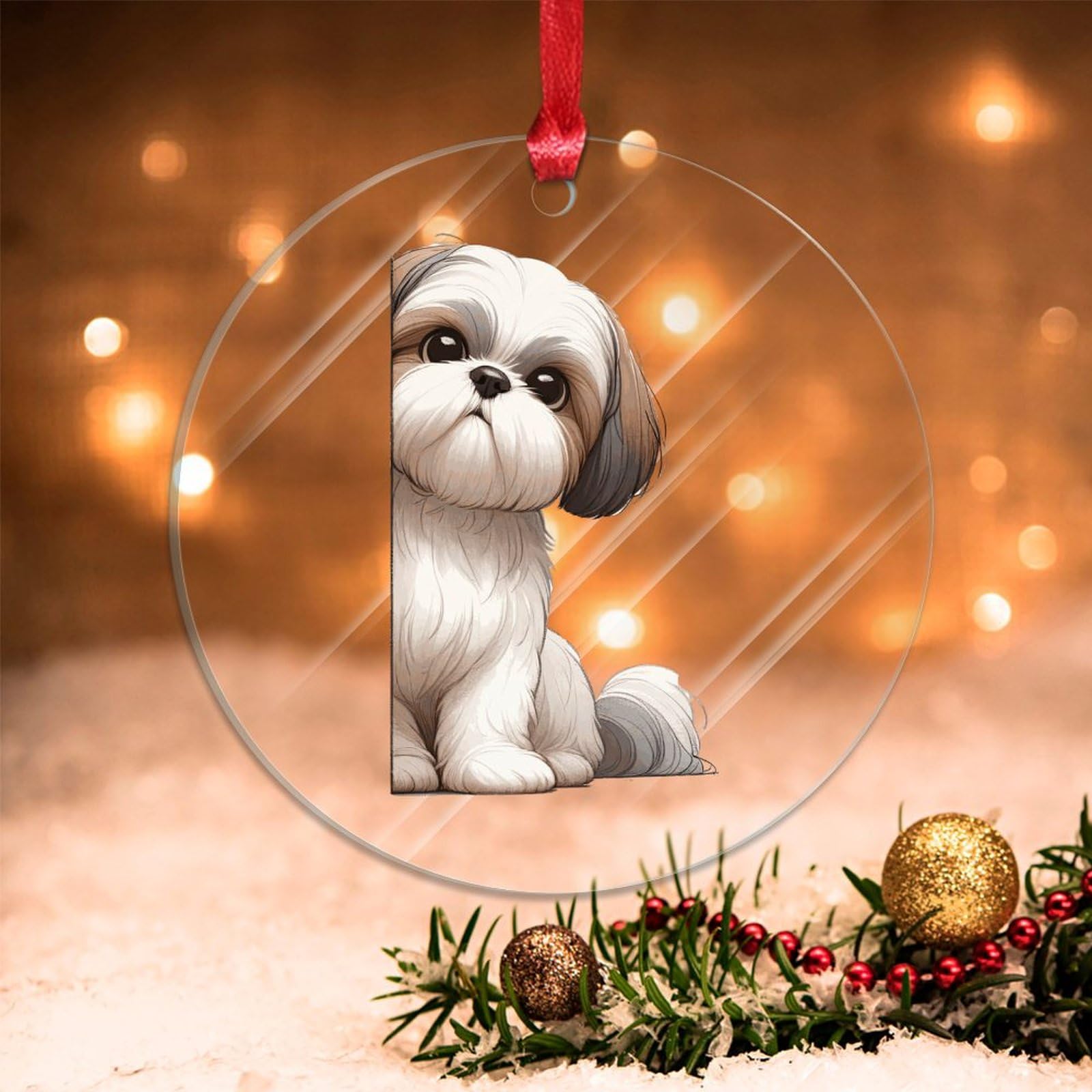 Merry Christmas 2024,Shih Tzu Dog Peeking Around Corner Clear Acrylic Discs Christmas Ornament for Xmas Tree Holiday Keepsake Memorial New Year Party Decor Stocking Stuffer Tags Gifts for Dog Mom
