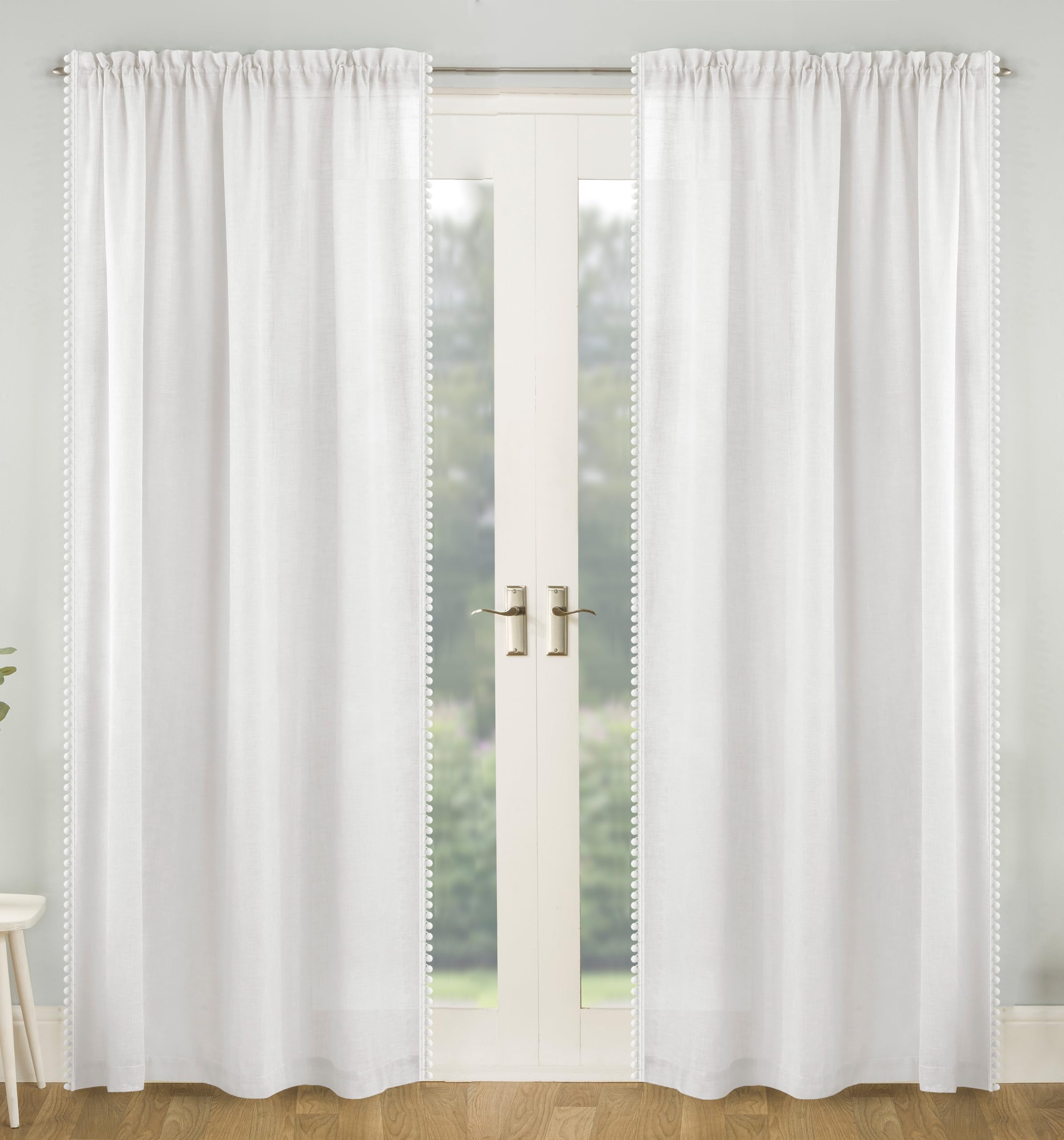 Tyrone Textiles  White Tahiti Pom-Pom Trim Single Voile Panel - Pair in Size 140x229cm, Sports Direct