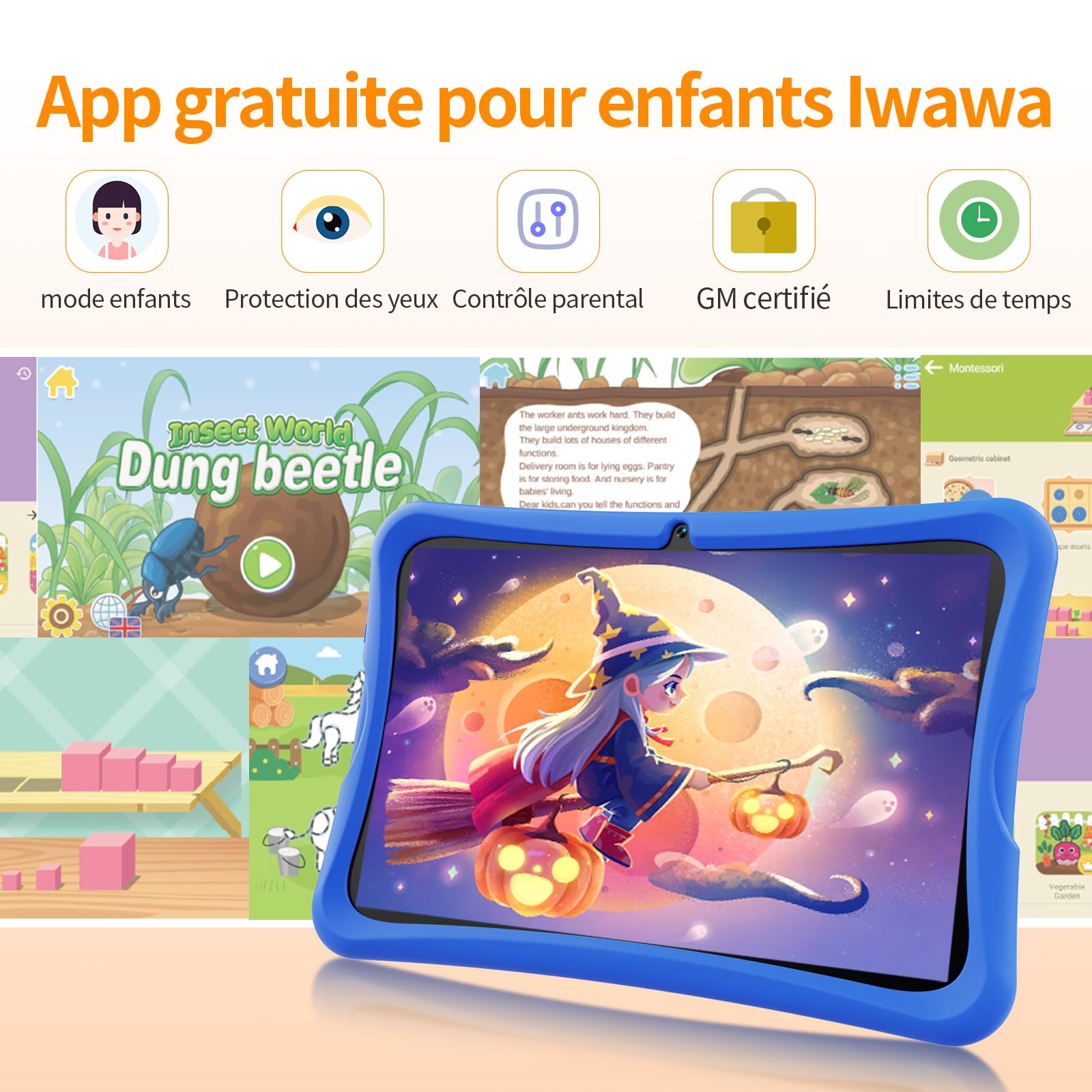 DigiLand Tablette Enfants 10,1 Pouces Android 15 6+32Go Écran IPS 1280×800 Double Caméra 2MP+5MP 6000mAh Contrôle Parental iWawa Bleu