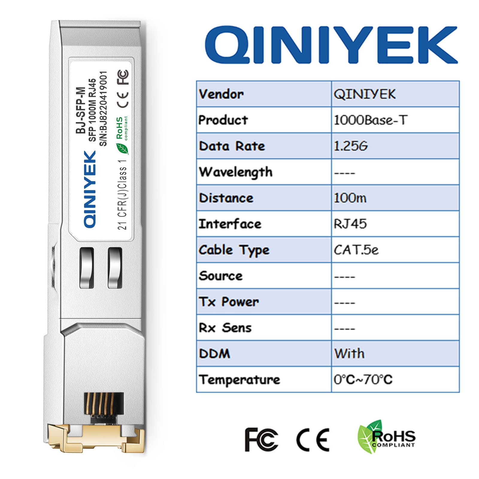 1.25G SFP-T, 1000BASE-T RJ45 Cuivre SFP pour Cisco GLC-T/SFP-GE-T, Ubiquiti UF-RJ45-1G, Netgear, , Supermicro, ,jusqu'à 100m (Lot de 10)