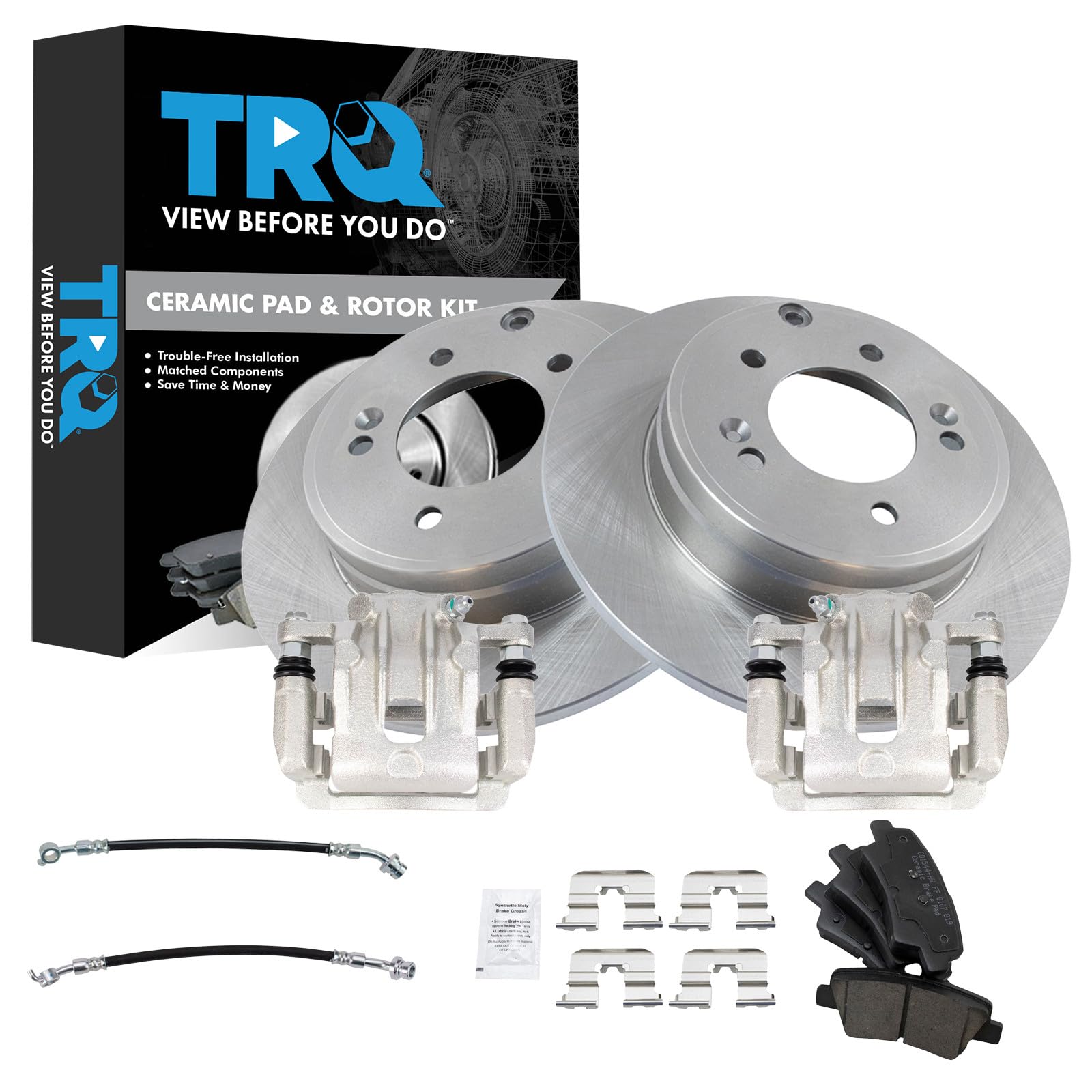TRQ Rear Brake Pad and Rotor Set Ceramic Calipers Compatible with 2014 Kia Optima with Manual Parking Brake