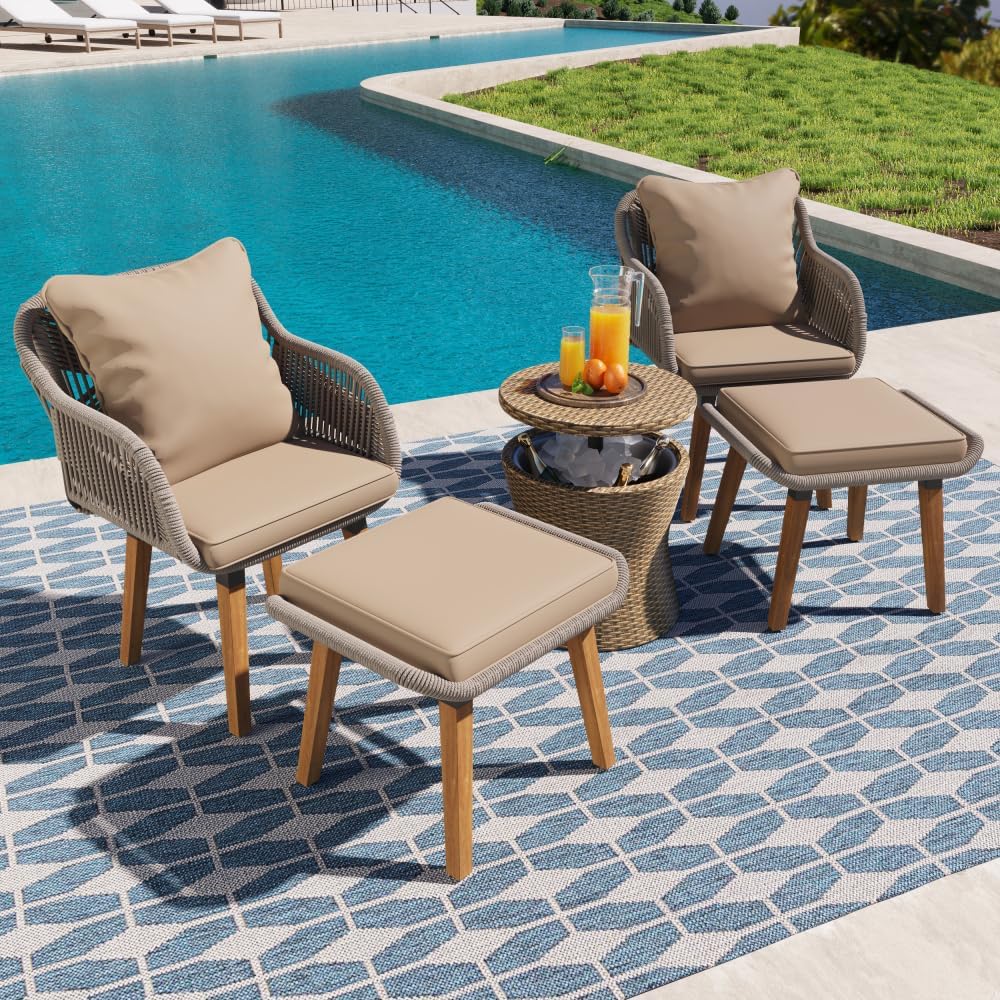 5 Pieces Patio Furniture Chair Sets,with Wicker Cool Bar Table, Ottomans,Outdoor Furniture Bistro Sets for Porch,Backyard,Balcony,Poolside Brown (Brown + Woven Rope + Foam)