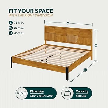 Bme Trapeze King Bed Frame Modern Solid Wood Bed with Smooth Pattern Headboard, Black Metal Legs, Teak Brown Finish Durable King Size Platform Bed for Contemporary Bedrooms