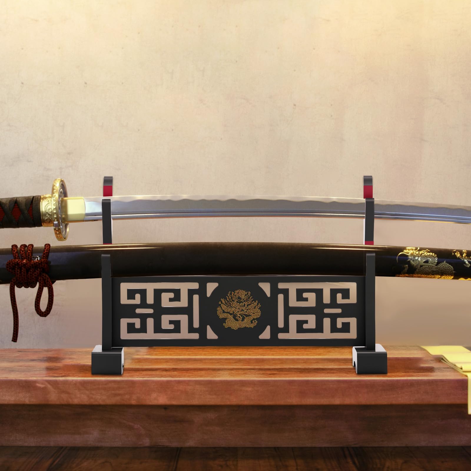 shaojian Sword Stand Display with Velvet Protect 2-Tier Padded Hook Katana Stand Holder Golden Dragon Pattern Cosplay Sword Display Base for Home Office