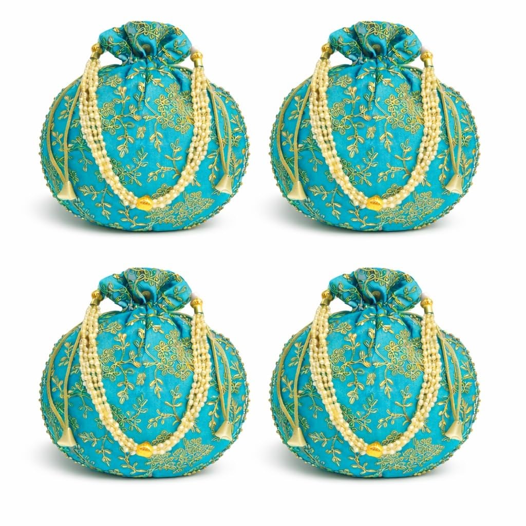athizay 4 Pcs Firozi Potli bags Combo for women handbags traditional Indian Wristlet with Drawstring Ethnic Embroidery Women Fashion Potli-picture-18