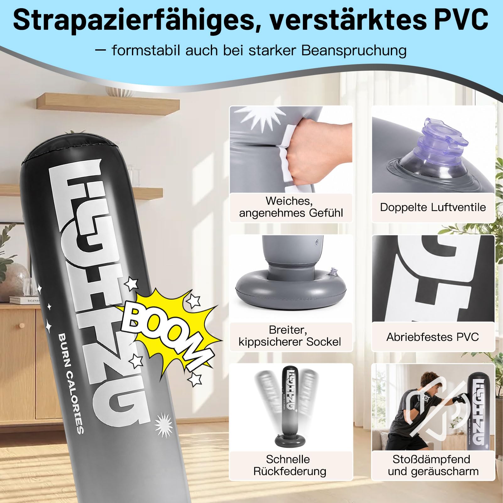 CYFIE Aufblasbarer Boxsack für Kinder 150 cm, mit Boxhandschuhen & Pumpe