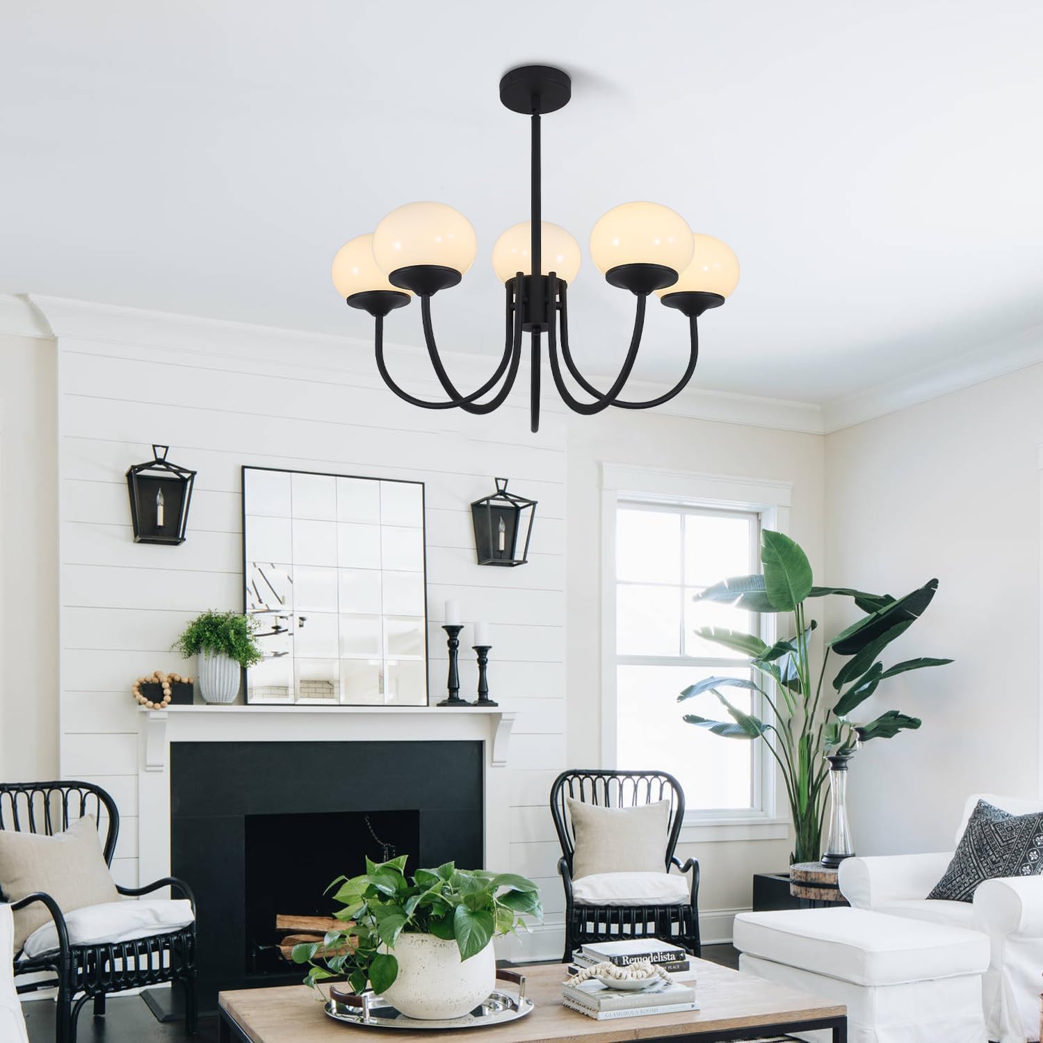 5 Light Black Milk Glass Chandelier Farmhouse Pendant Lights Kitchen Island Frosted White Globe Chandelier Mid Century Modern Dining Room Light Fixtures Over Table