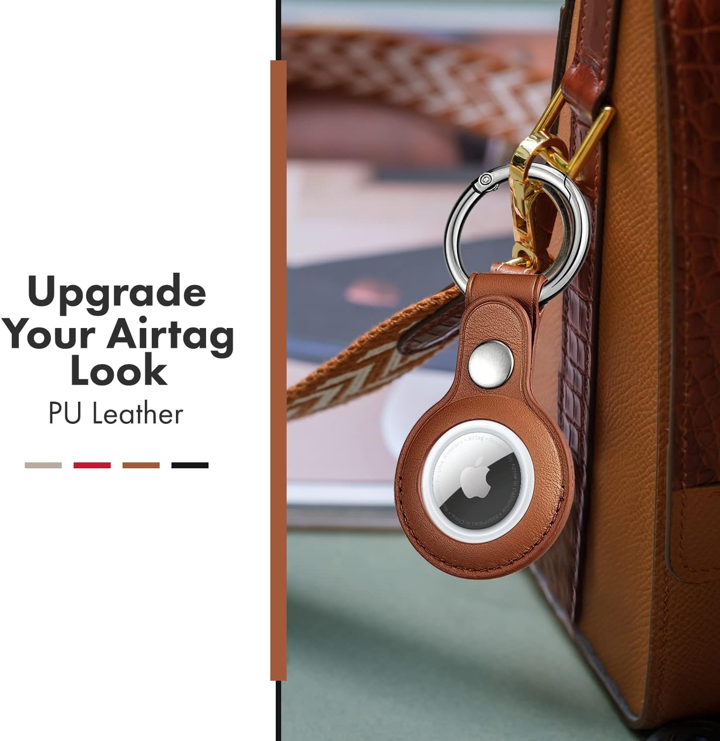 4 Pack Leather AirTag Holder Keychain Compatible with Apple AirTag – Premium Protective AirTag Cases with Metal Key Rings for Keys, Bags, Luggage & Backpacks (Gold, Red, Black, Brown)