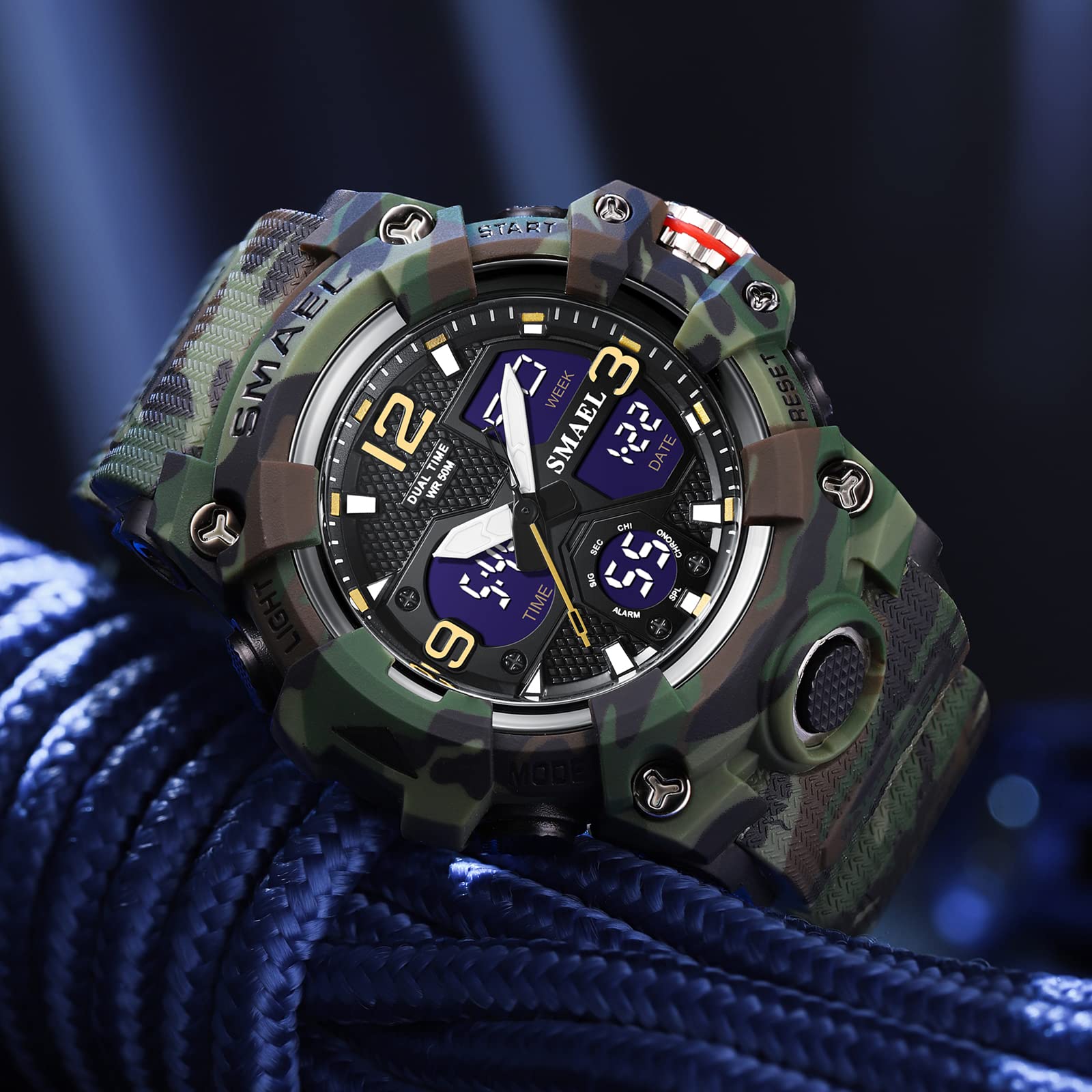 SMAEL 8008 Reloj de cuarzo deportivo resistente al agua, reloj de camuflaje de color dual digital (camuflaje verde), Camuflaje Verde