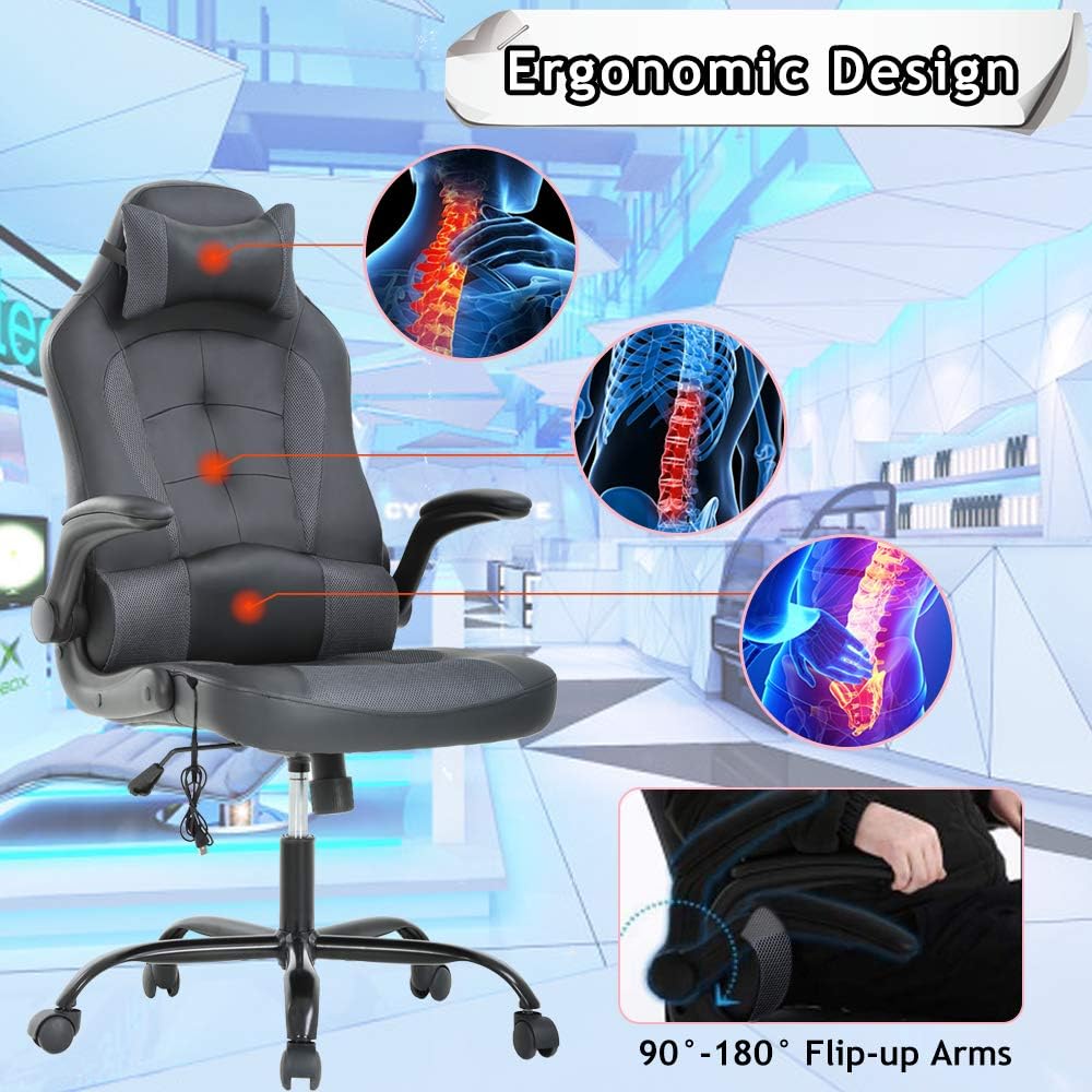 Ergonomic Gaming Office Chair - High Back Executive Computer Chair with Lumbar Support & Flip-Up Arms, PU Leather Adjustable Swivel Chair for Women/Men, Height Adjustable Massage Desk Chair (Grey)
