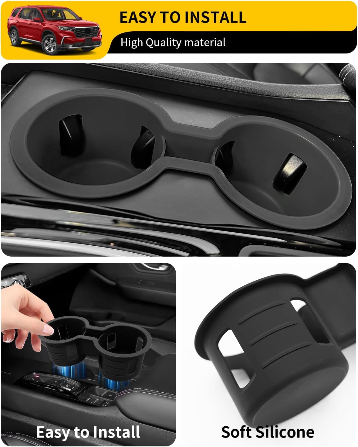 Cup Holder Compatible with 2023-2026 Honda Pilot Car Center Console Cup Holder Silicone Insert Storage Box Interior Armrest Organizer for 2024-2026 Honda Ridgeline&Passport Accessories (Black)