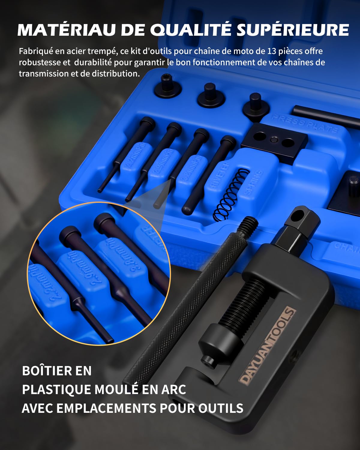DAYUAN Outil de rivetage pour chaîne de moto, ensemble d'outils de chaîne de moto, outil de séparation et de rivetage pour chaîne de moto, outil de rivetage pour moto, séparateur de chaîne de moto