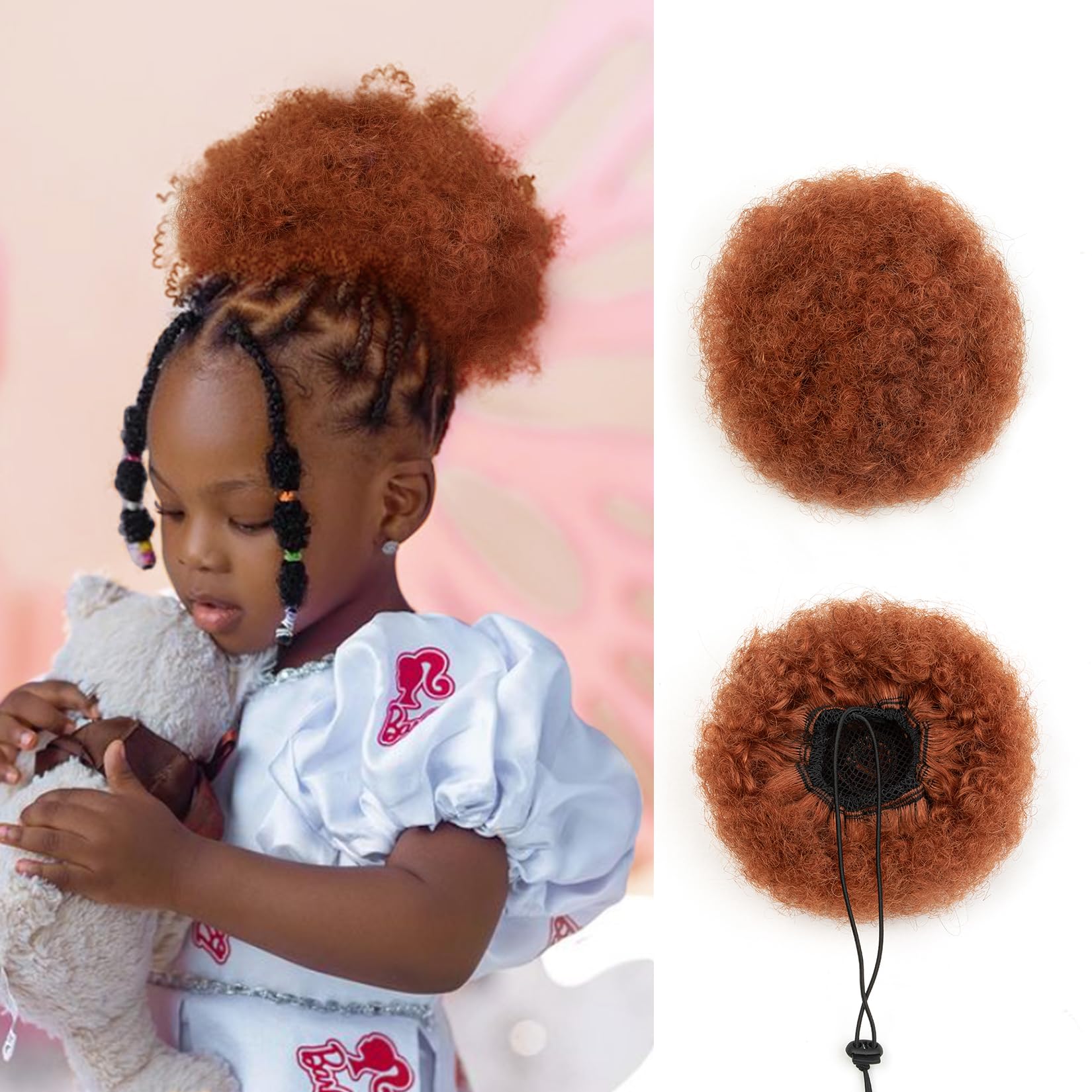 Kids Small Afro Puff 4 Inch Human Hair Ponytail for Baby Black Women Short Kinky Curly Ponytail Extension 4c Drawstring Ponytail Fake Bun Children African American Afro Puffs Copper Red 30g