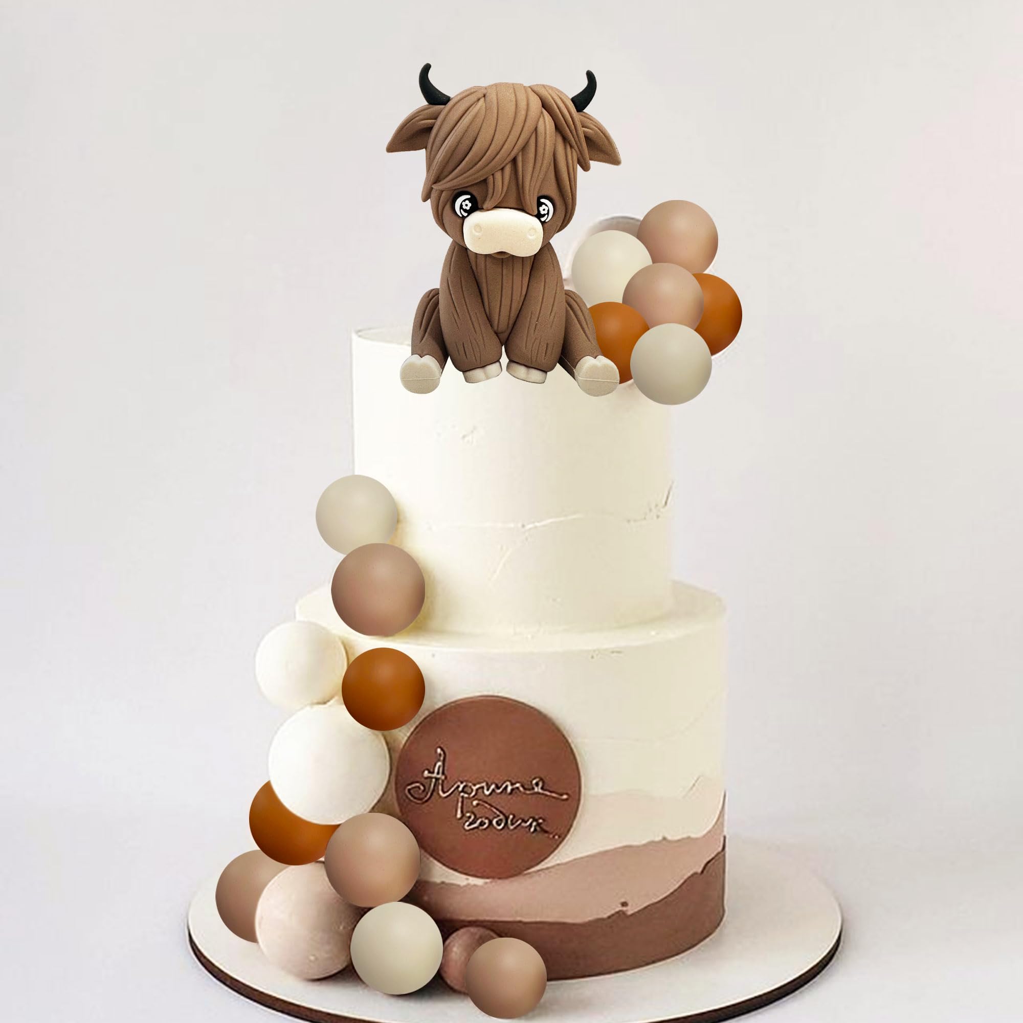 JeVenis Decorazioni Per Torta Highland Cow, Set Con 2 Mucche E 15 Palline Colorate, Per Compleanni E Baby Shower A Tema Fattoria - 4