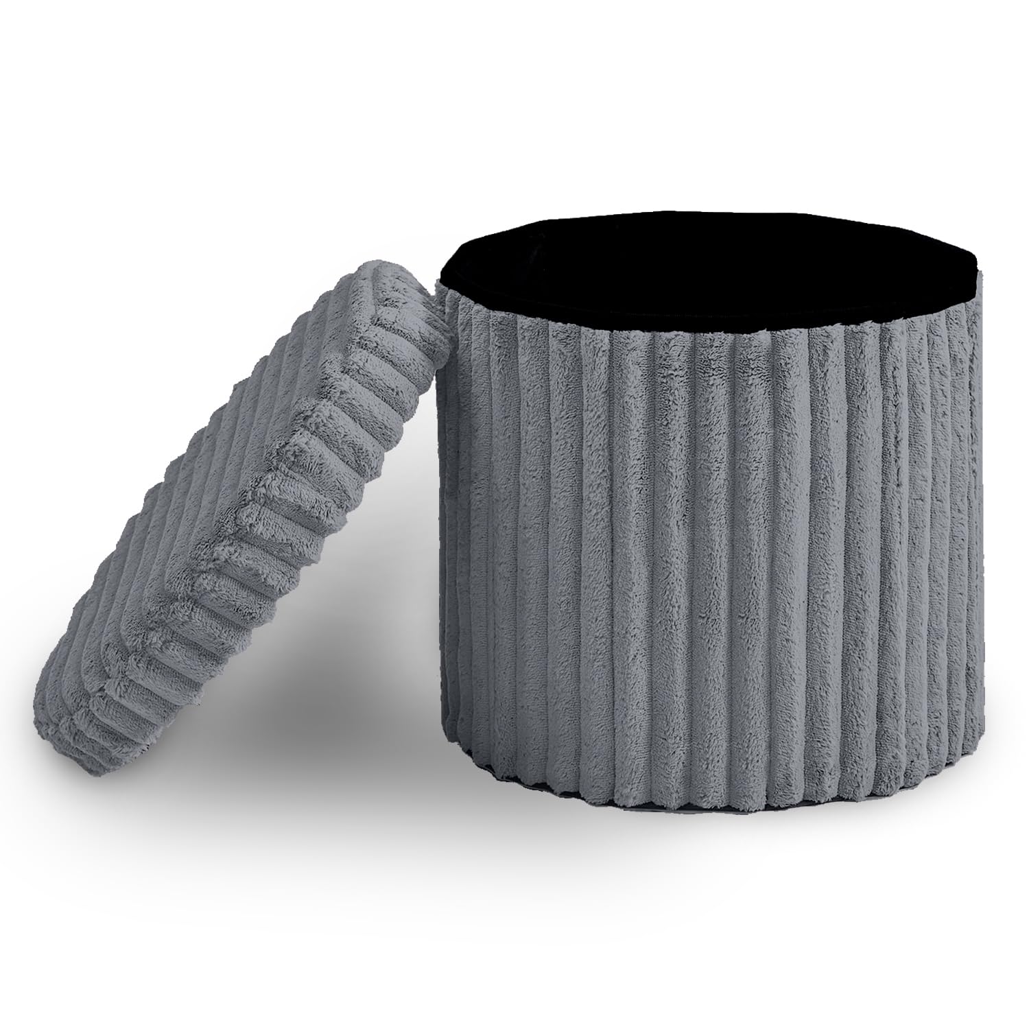GC GAVENO CAVAILIA Ribbed Round Storage Ottoman With Removable Lid | Storage Box Bunch Stool Footrest | Hidden Storage Foldable Stool Living Room, Bedroom 40x40x37cm, Grey — image 1