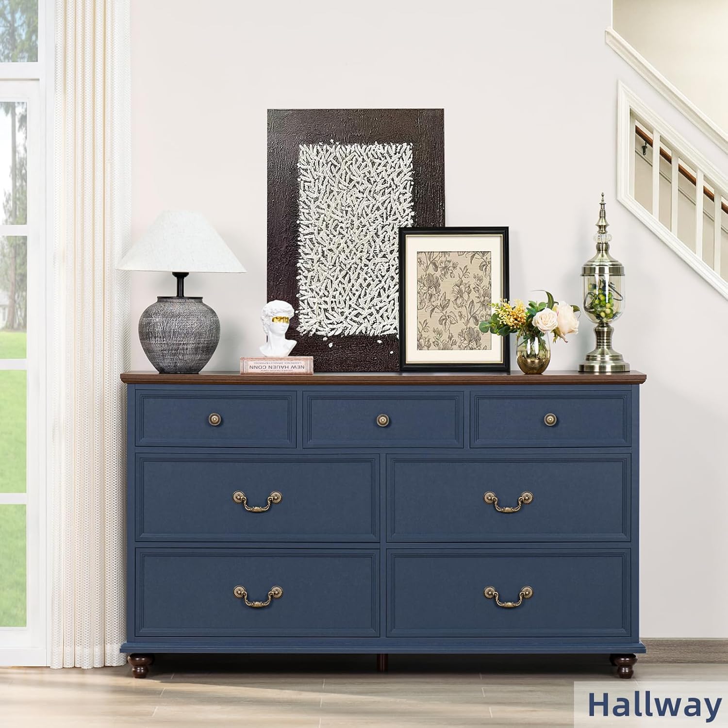 Joaxswe Farmhouse 54" 7 Drawers Dresser for Bedroom, Wide Chest of Drawers w/ 4 Wooden Legs, Vintage Rustic Large Closet Storage Dressers Organizer for Hallway, Wood TV Stand for Living Room, Blue