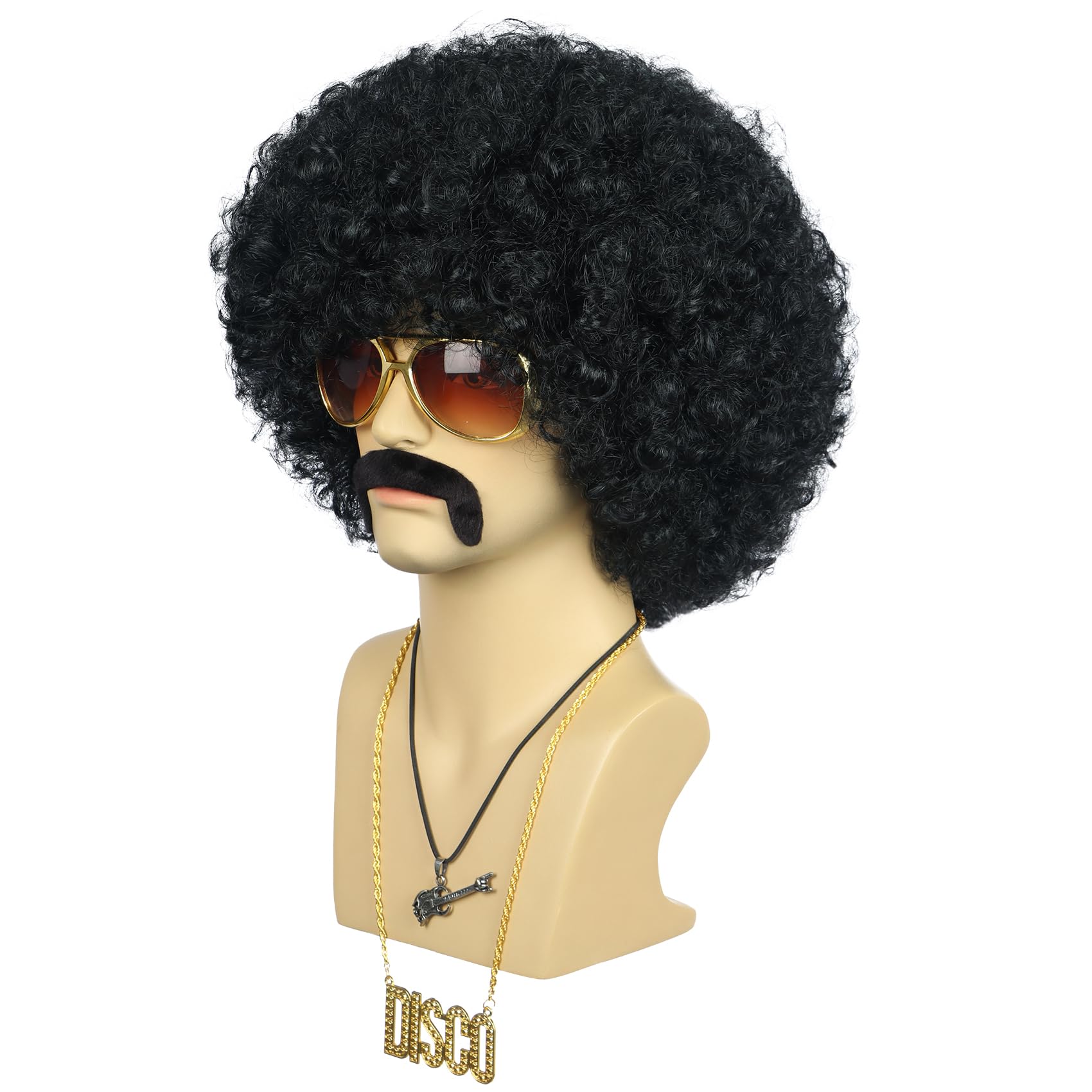 VGbeaty Men Short Wave Black Wig with Glasses and Mustache and Gold Necklace Afro 70s 80s Disco Wig Heat Resistant Synthetic Fiber Soft Durable Breathable Cap for Halloween Costume Party - Image 3