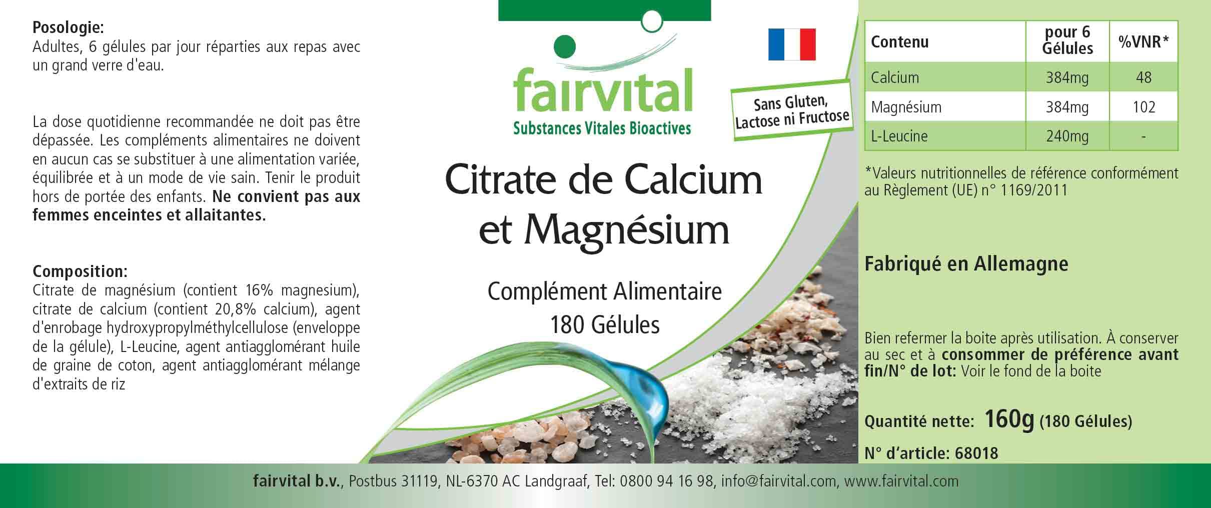 fairvital Citrato de calcio y magnesio, 180 cápsulas, ALTA DOSIS, cápsulas de calcio y magnesio, VEGANAS