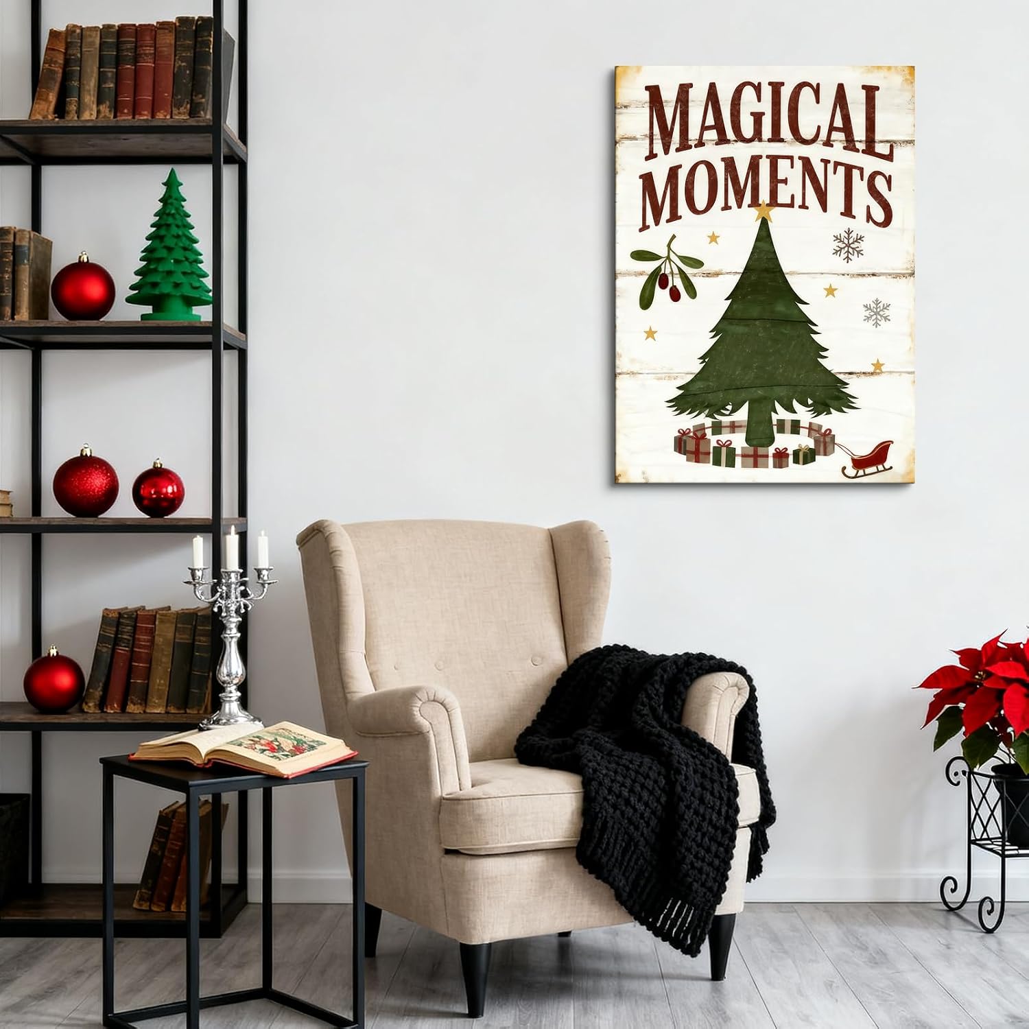 Vintage Christmas Tree Framed Canvas Wall Art, Rustic Farmhouse Wall Decor, Festive Winter Prints for Living Room Bedroom Santa Christmas Gift 12x16inch