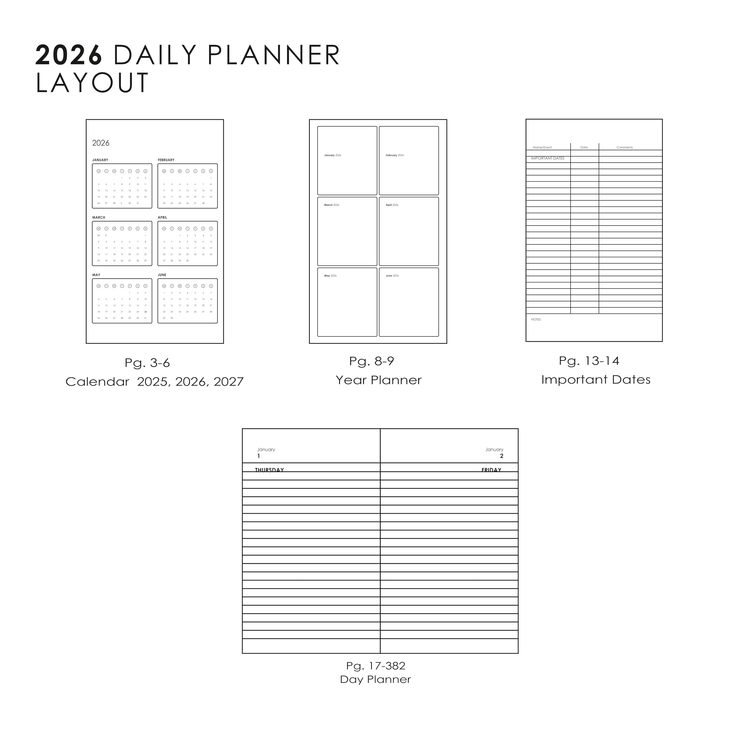 myPAPERCLIP Tagesplaner 2026, datiert, Einband aus italienischem veganem Leder, 384 Seiten, 80 g/m², Medium (12,7 x 21 cm), flach gelegt, Lesezeichen und Gummibandverschluss, Schwarz