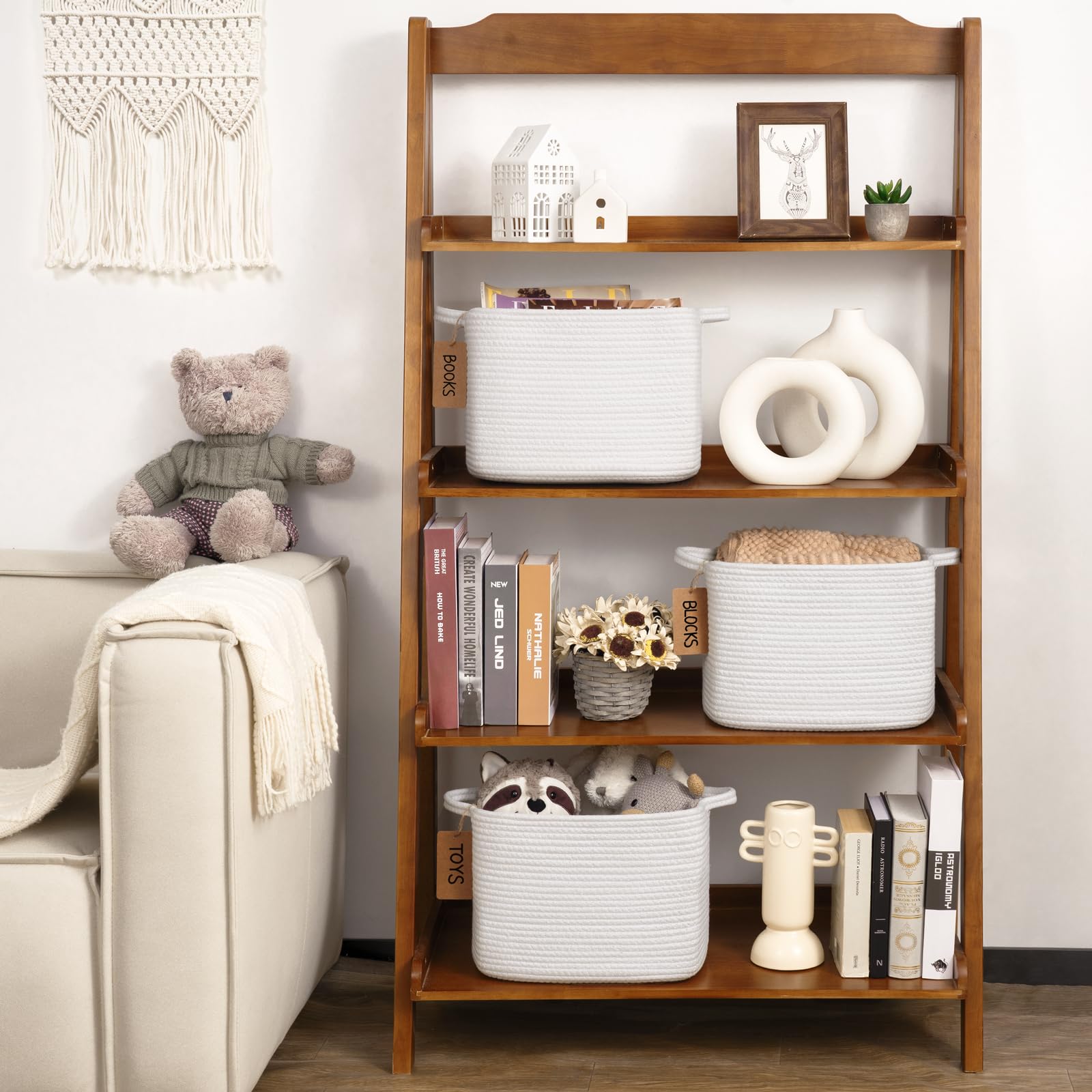 Woven Storage Basket, Cotton Rope Basket for Shelves Closet Organizer Square Shelf Basket for Toys Books, Shoes - Image 2