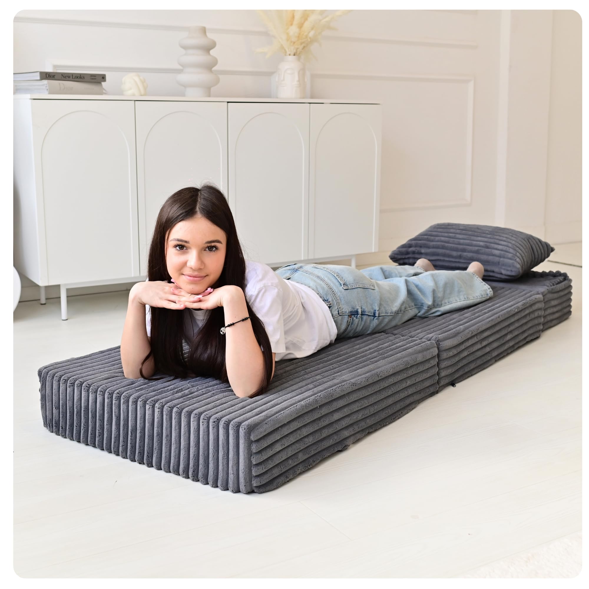Odolplusz Składany materac premium 70 x 205 x 15 cm, 3-częściowy z wyjmowanym pokrowcem, bardzo gruba pianka 15 cm, dla gości i w podróż (grafitowy)