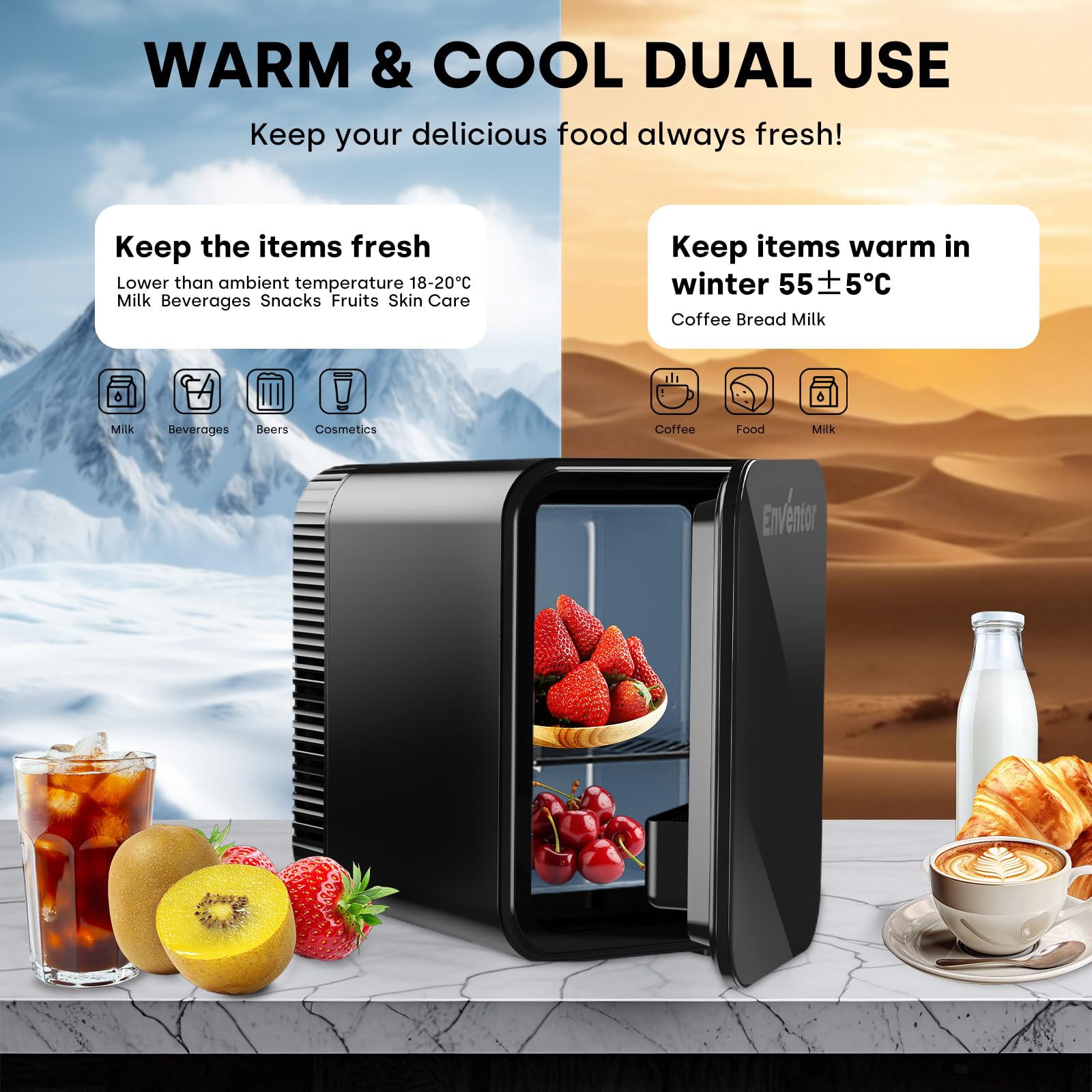 Enventor Mini Fridge 4 Litre/ 6 Can, AC+12V DC Power, Portable Cooler & Warmer for Bedrooms, Home, Car, Travel/Skincare, Cosmetics/Fruit and Drinks, Black — view 2