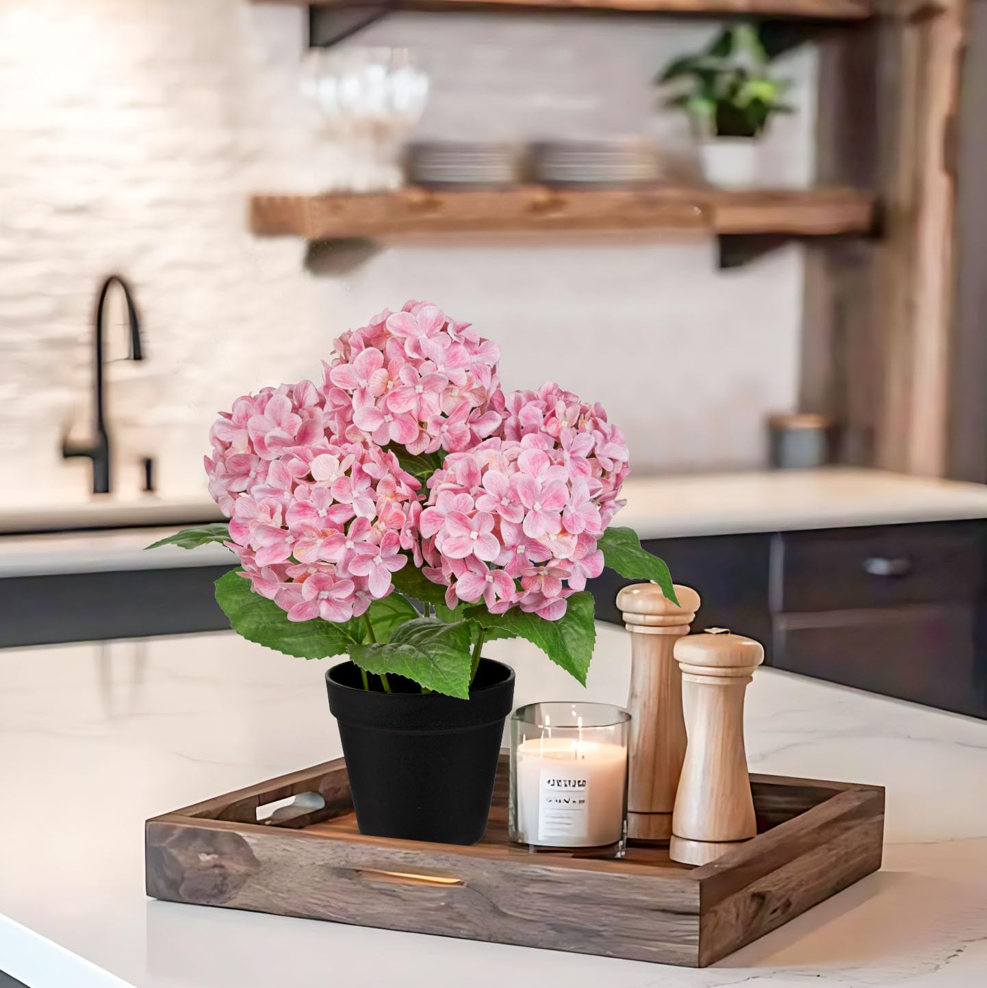 Briful Künstliche Hortensien im Topf 35 cm – Real Touch Kunstblume Wie Echt mit 5 Blütenköpfen – Dekorative Kunstpflanze für Wohnzimmer, Fensterbank & Büro, Rosa