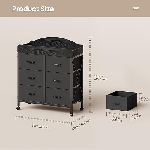 Miniatura 5 de Cómoda Cambiador de Bebé con Ruedas, Cómoda para Bebé con 6 Cajones de Tela con Superficie de Cambio, Estación de Cambio de Pañales Impermeable y