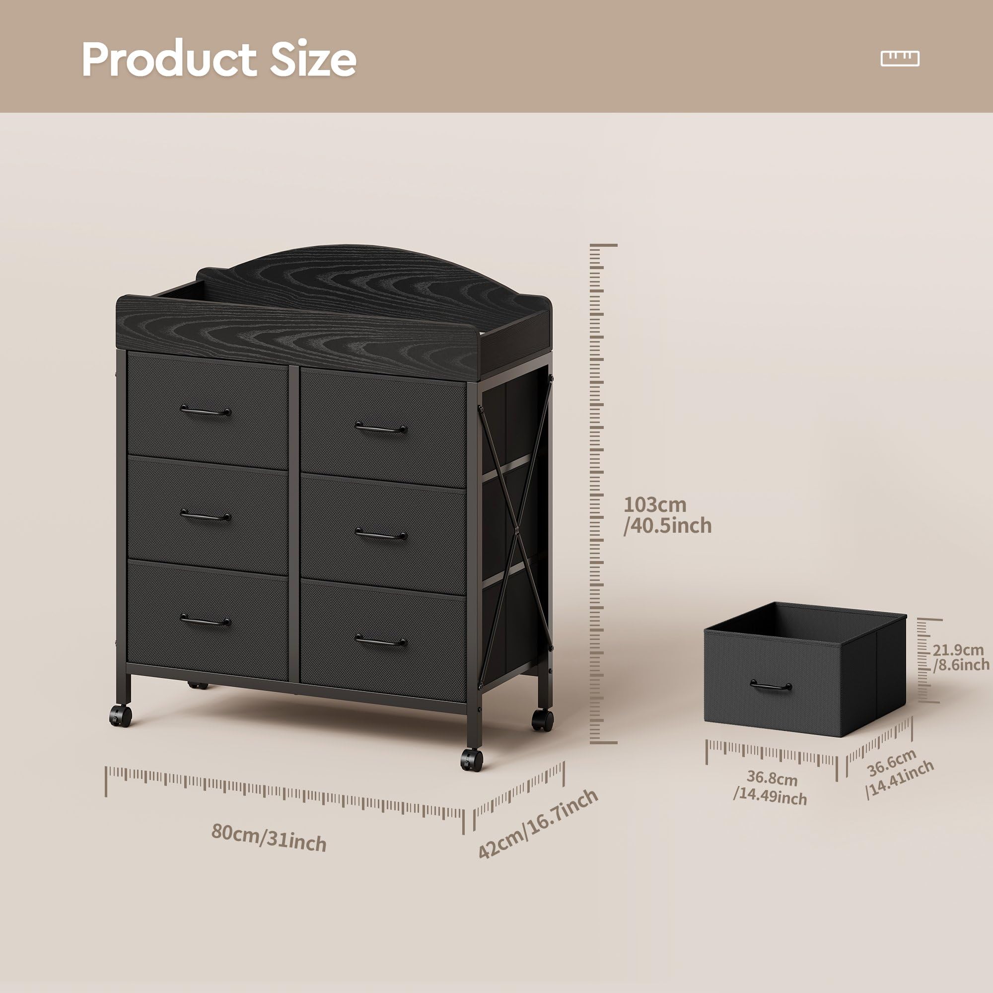 Amazon.com : Yetom Baby Changing Table Dresser with Wheels, 6-Fabric Drawer  Baby Dresser with Changing Table Top, Waterproof Diaper Changing Station &  Pad, Mobile Storage Unit, Compact Baby Furniture, Black : Baby