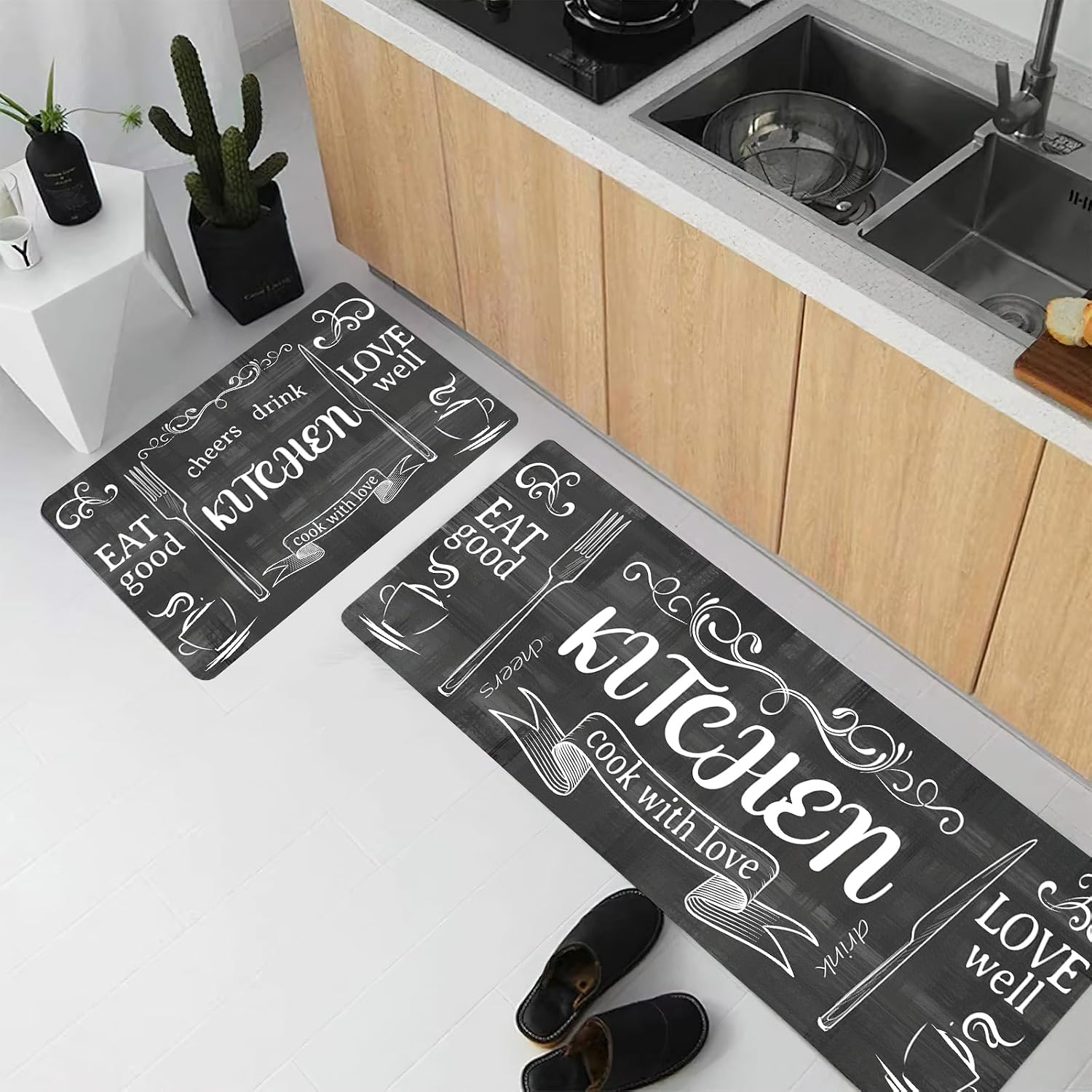 XLHOMO 3-Pack Non-Slip Kitchen Rugs - Grey Farmhouse Cushioned Mats, Washable & Stain Proof for Kitchen Floors, Laundry, Bathroom, Entryway