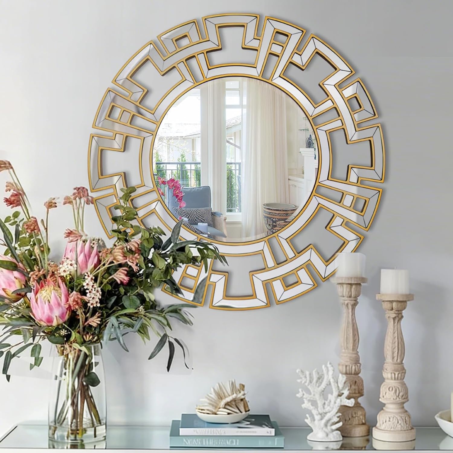 Chende Gold Mirrors for Decor, 32'' Round Wall Mirror with Beveled Glass Frame, Modern Decorative Mirror with Wood Frame for Living Room, Entryway, Dining Room, Bathroom - Image 2