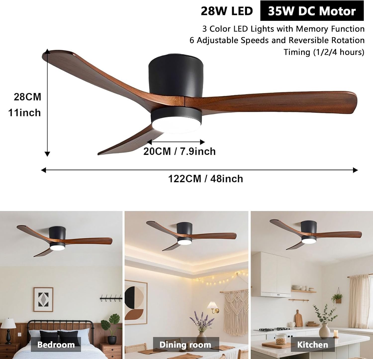 Image illustrating the intelligent memory function and three adjustable color temperatures of the ceiling fan light. It shows the fan light emitting warm (3000K), neutral (4000K), and white (6000K) light.
