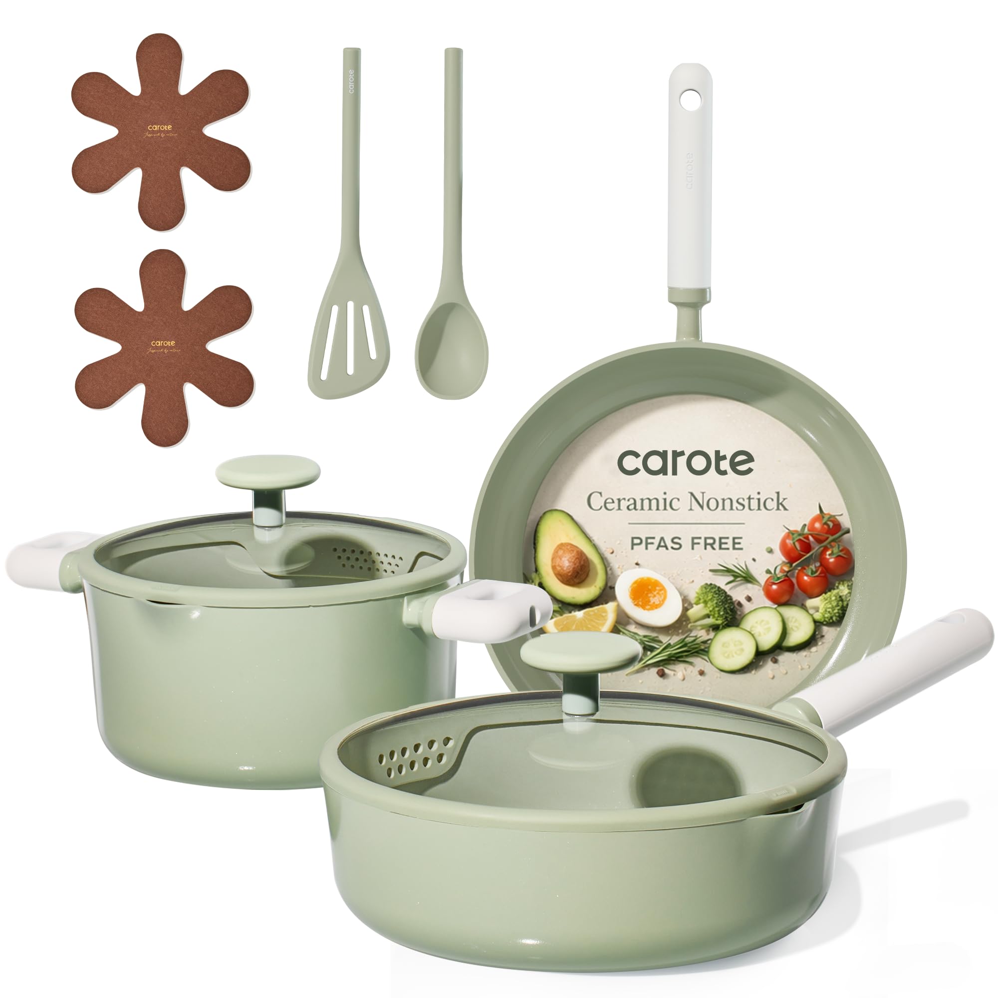 CAROTE Pots and Pans Set Nonstick, Ceramic Cookware Set, Green Cooking Set Kitchen Induction Set with Steamer, PFAS PTFE Free,9 Piece