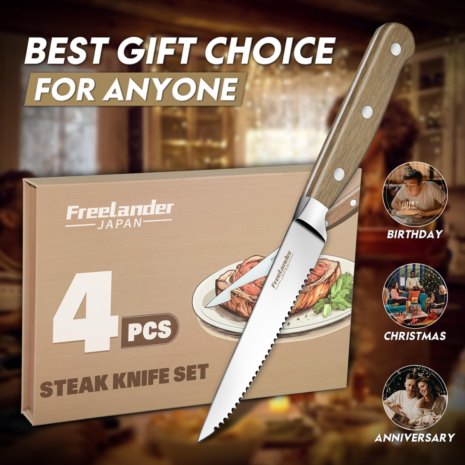 Freelander Lot de 4 Couteaux à Steak Dentelés avec Manche en Bois | Lames Dentelées Tranchantes, Manche Ergonomique en Bois, Idéal pour Steak, Viande et Repas Quotidiens